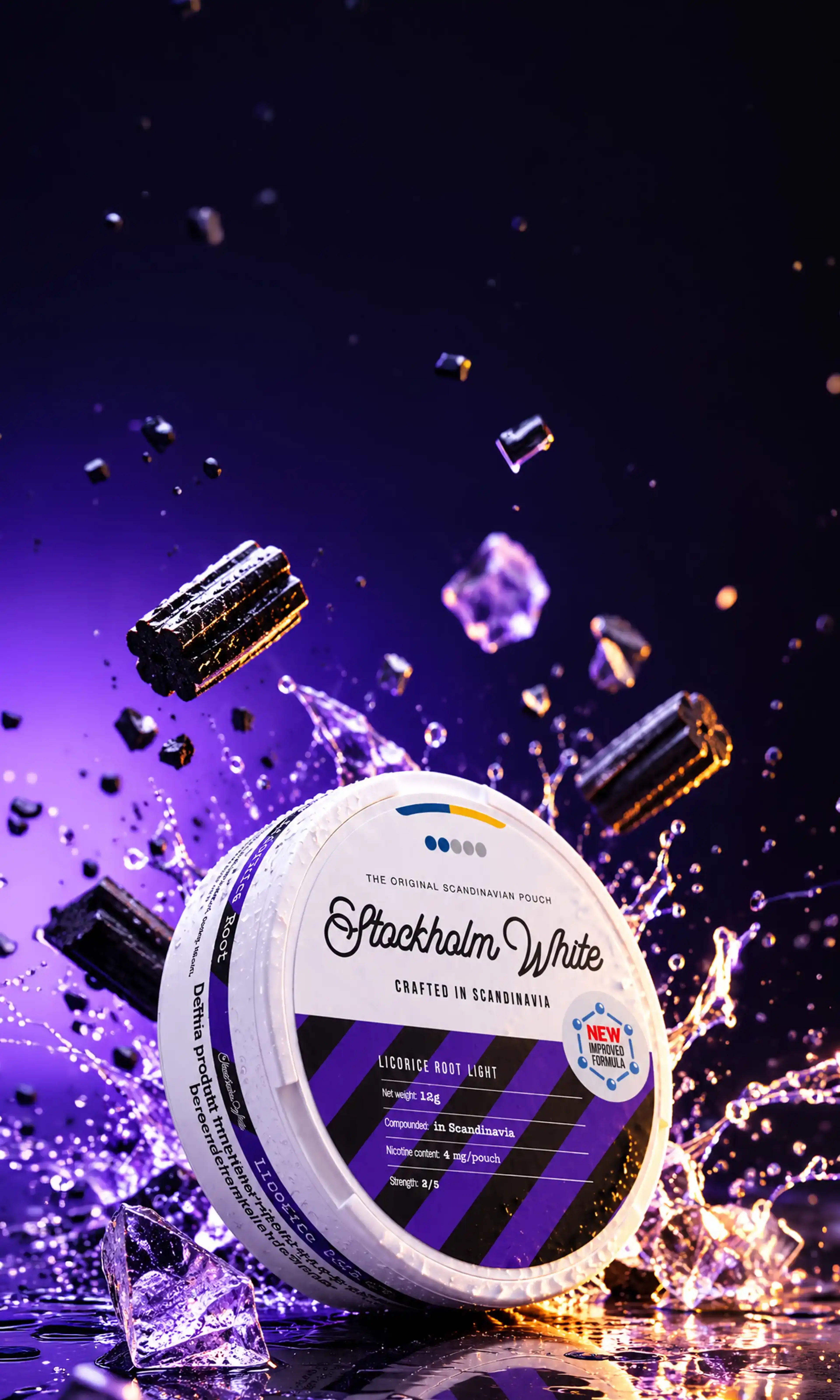 White container labeled "Stockholm White" with licorice and splashing liquid on a purple background.