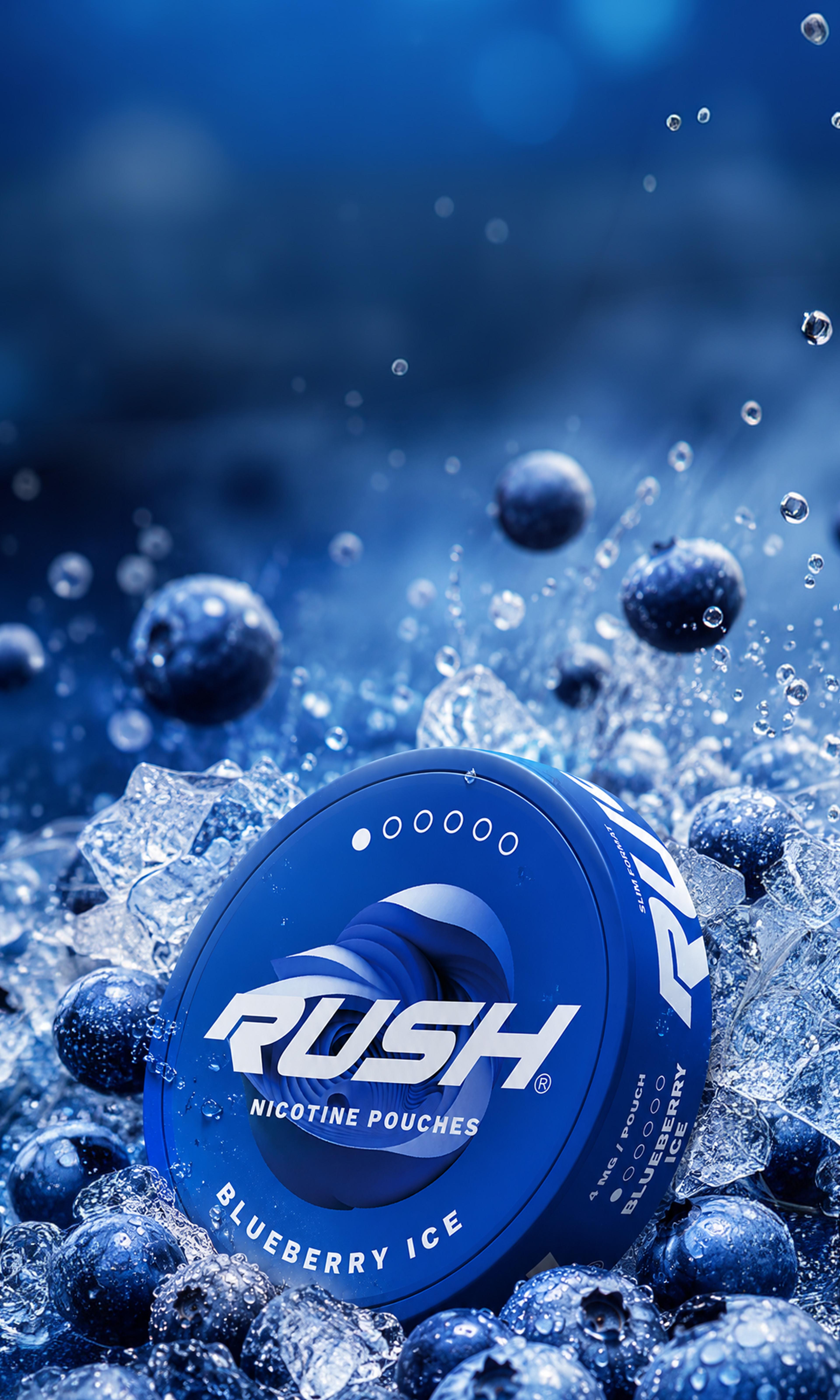 A blue container of nicotine pouches labeled "Blueberry Ice" is surrounded by blueberries and ice, with water droplets capturing a refreshing vibe.