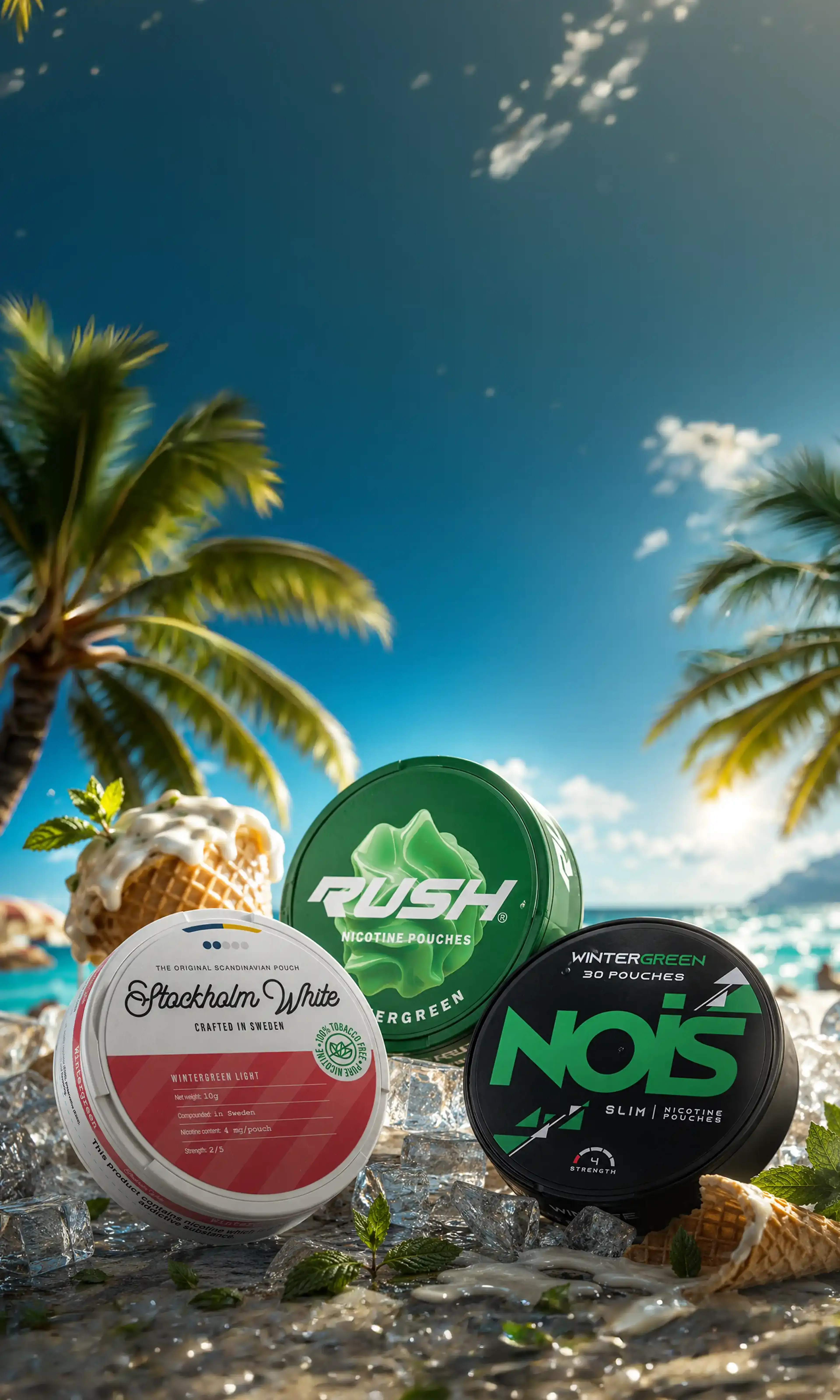 Three tins of nicotine pouches—Stockholm White, Rush, NOIS—on ice, with palm trees and a sunny beach in the background.
