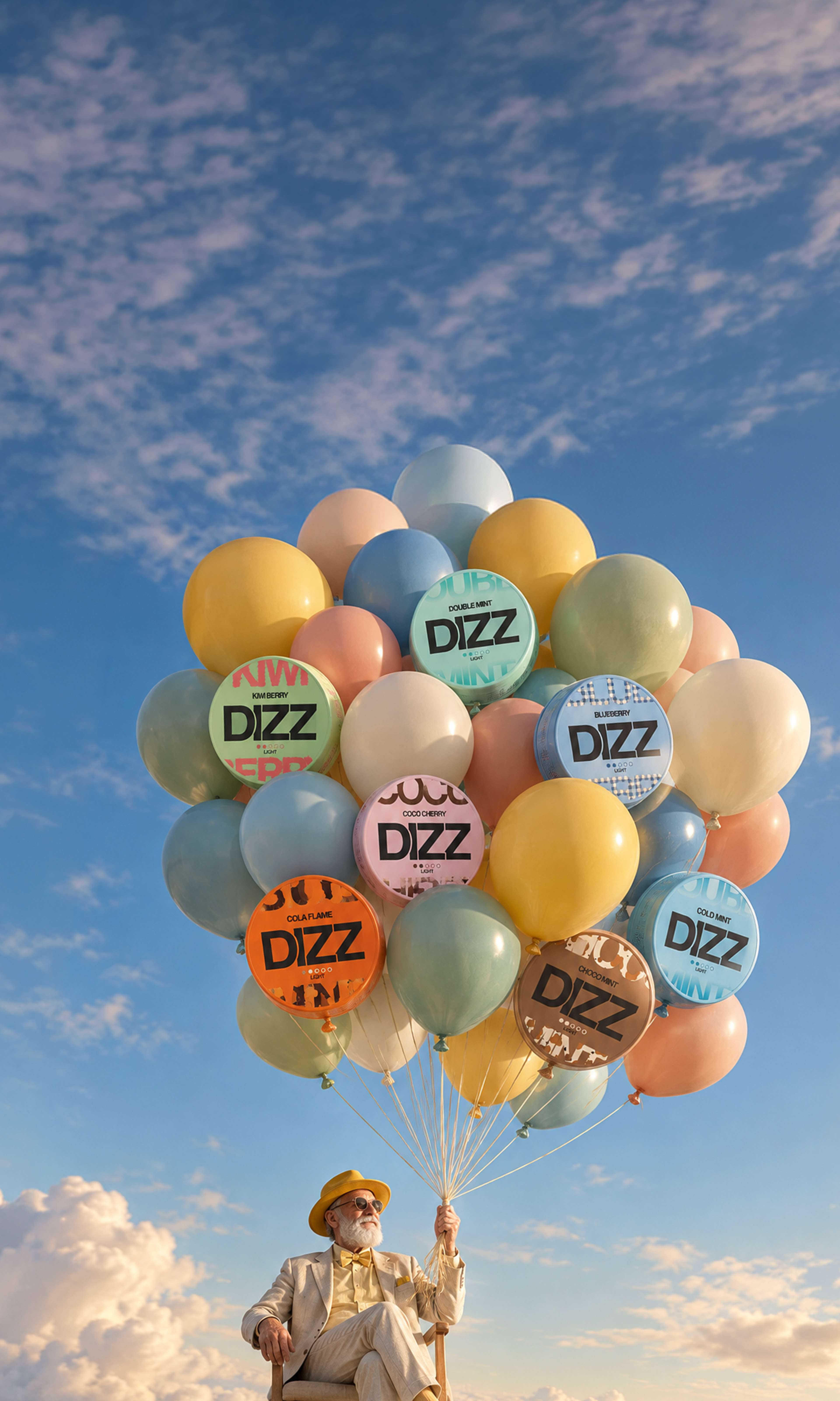 An elderly man in a chair floating above the clouds, holding a bunch of balloons printed with DIZZ tins.