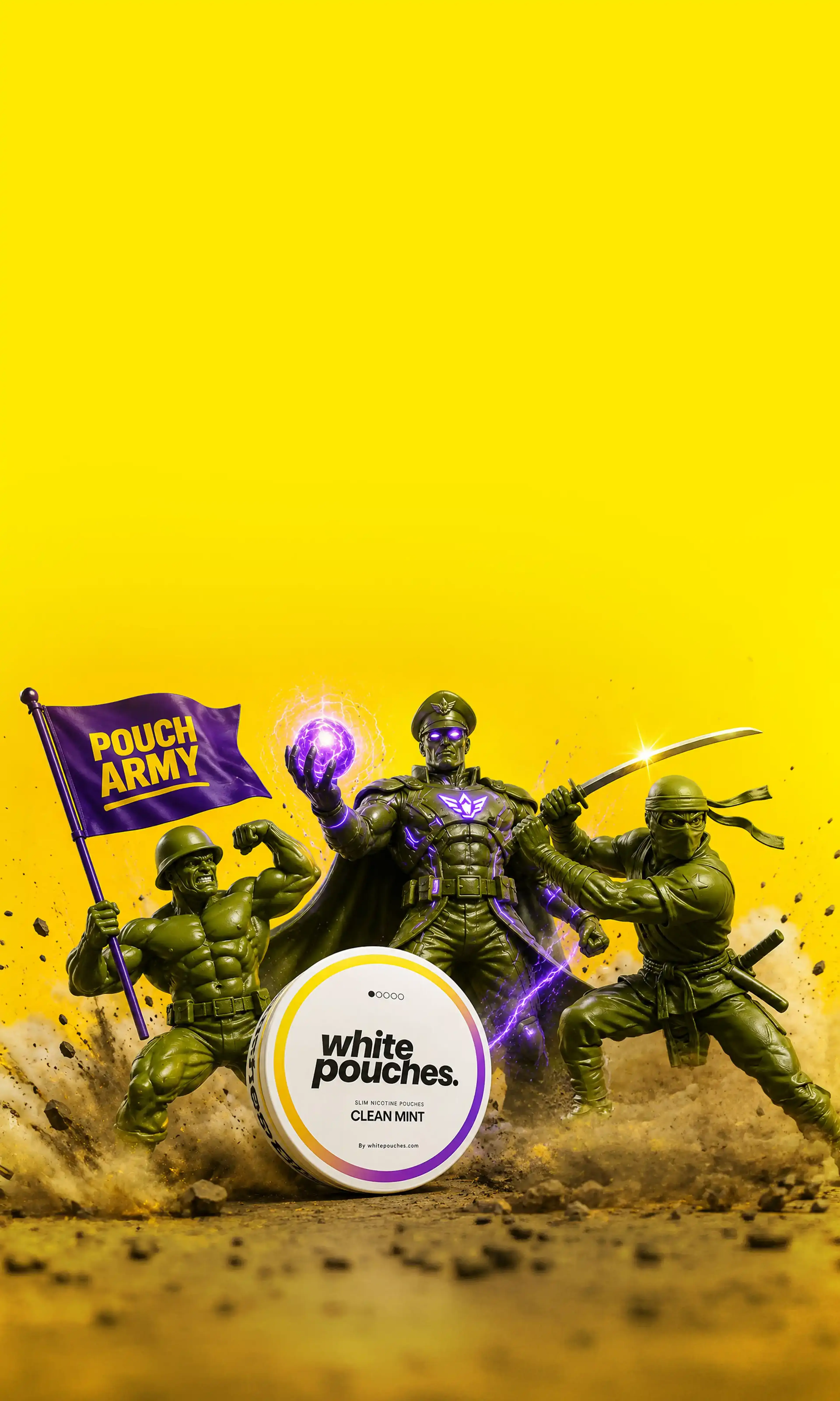 Green toy soldiers with a "Pouch Army" flag surround a white mint nicotine pouch, set against a vibrant yellow background.