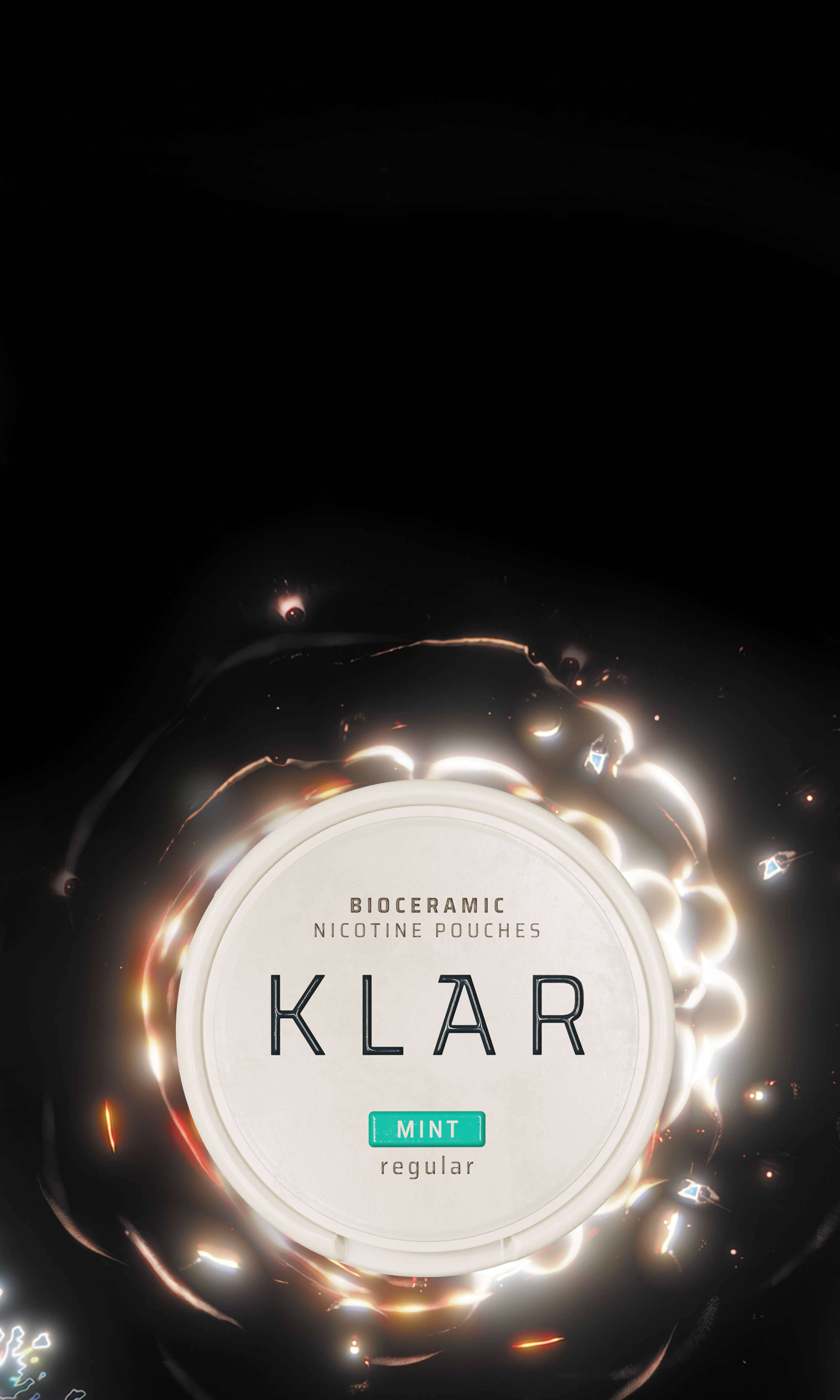 White container of KLAR Mint Bioceramic Nicotine Pouches on a dark background, surrounded by glowing abstract design.