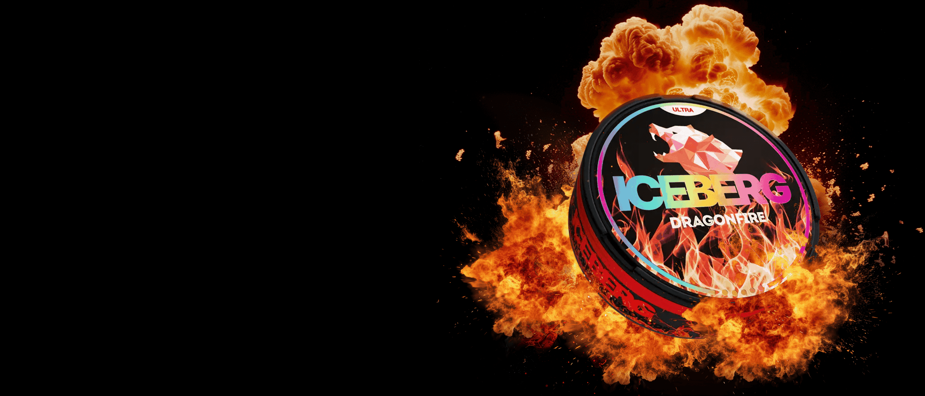 A banner promotion image with flames surronding a nicotine can from Iceberg with the flavor Dragonfire