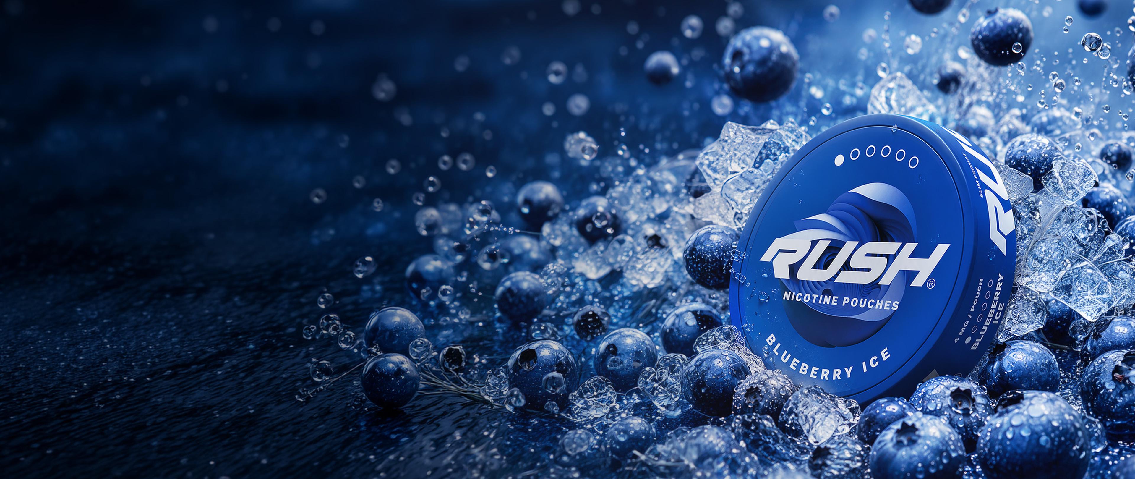 Close-up of a RUSH nicotine pouches container with blueberry ice flavor, surrounded by fresh blueberries and ice cubes.