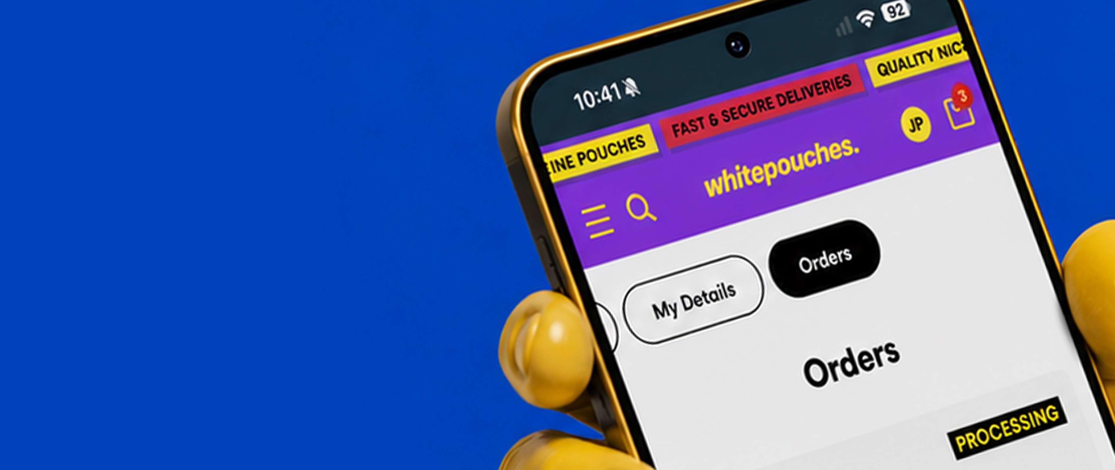 Smartphone screen showing a webpage titled "whitepouches" with sections for "My Details" and "Orders." Blue background.