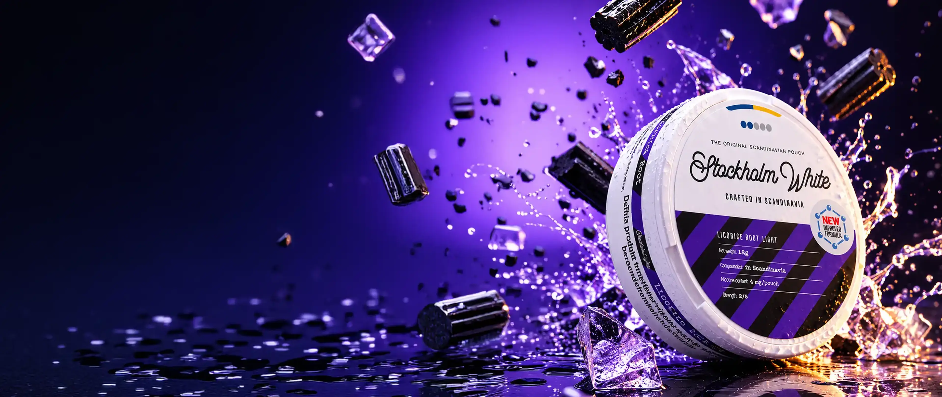 Package of Stockholm White Licorice Root Light amidst splashing water and floating licorice pieces on a purple background.