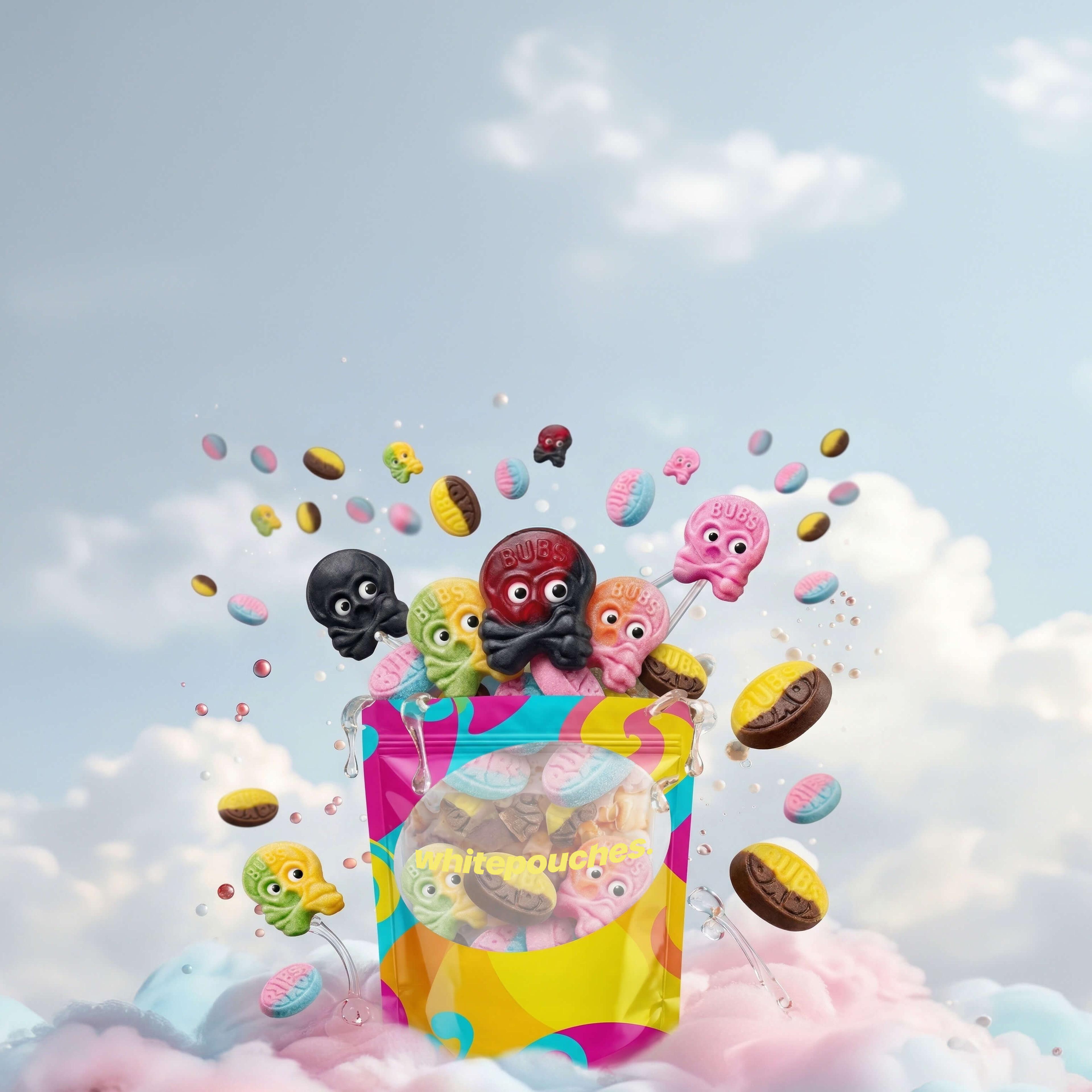 A colorful, vibrant pouch of BUBS Swedish candies with various smiling octopus-shaped gummies and colorful candies spilling out against a cloudy sky backdrop.