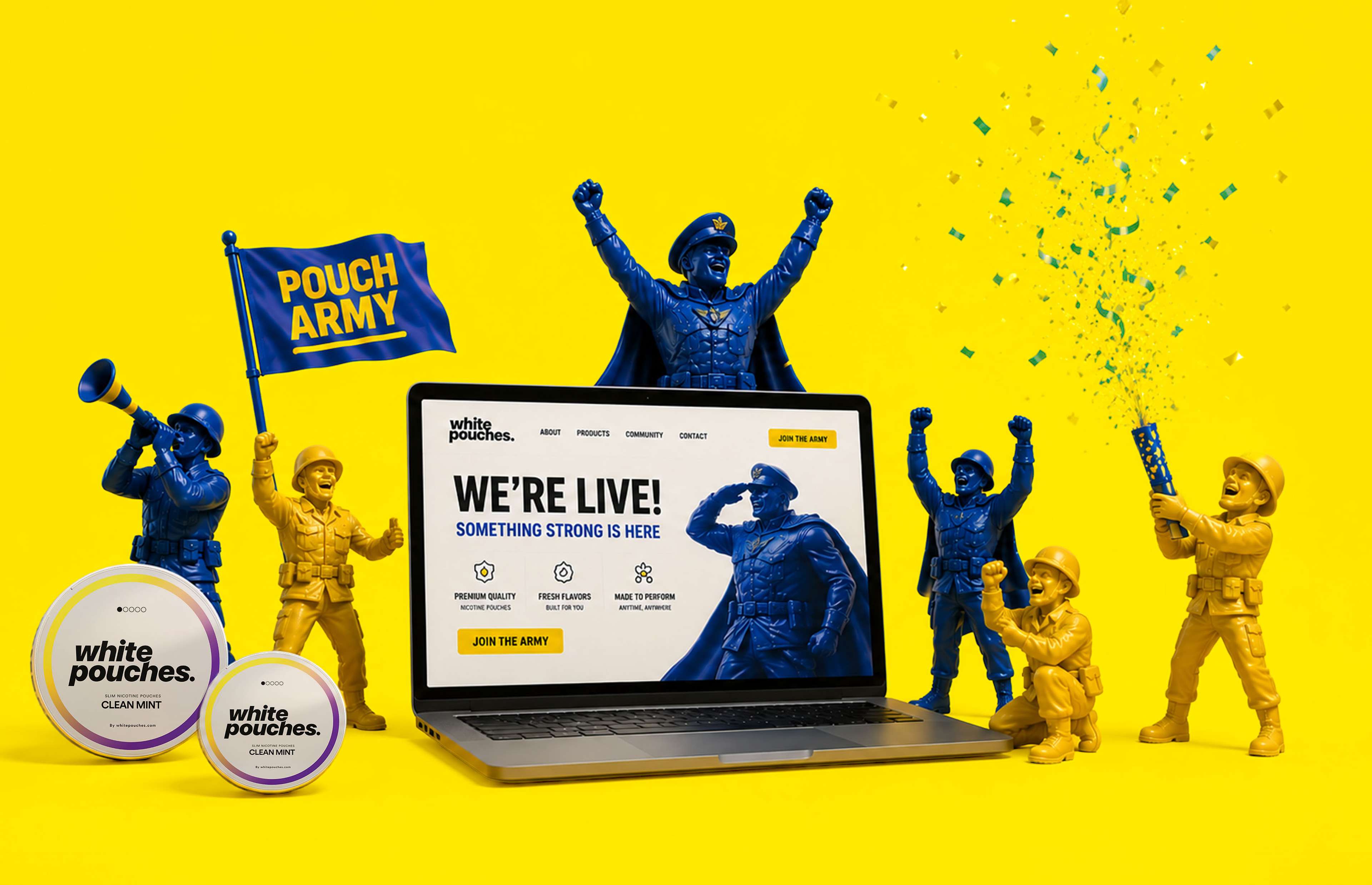 Toy soldiers surrounding a laptop displaying "We’re Live!" against a yellow background, with confetti and containers labeled "white pouches."