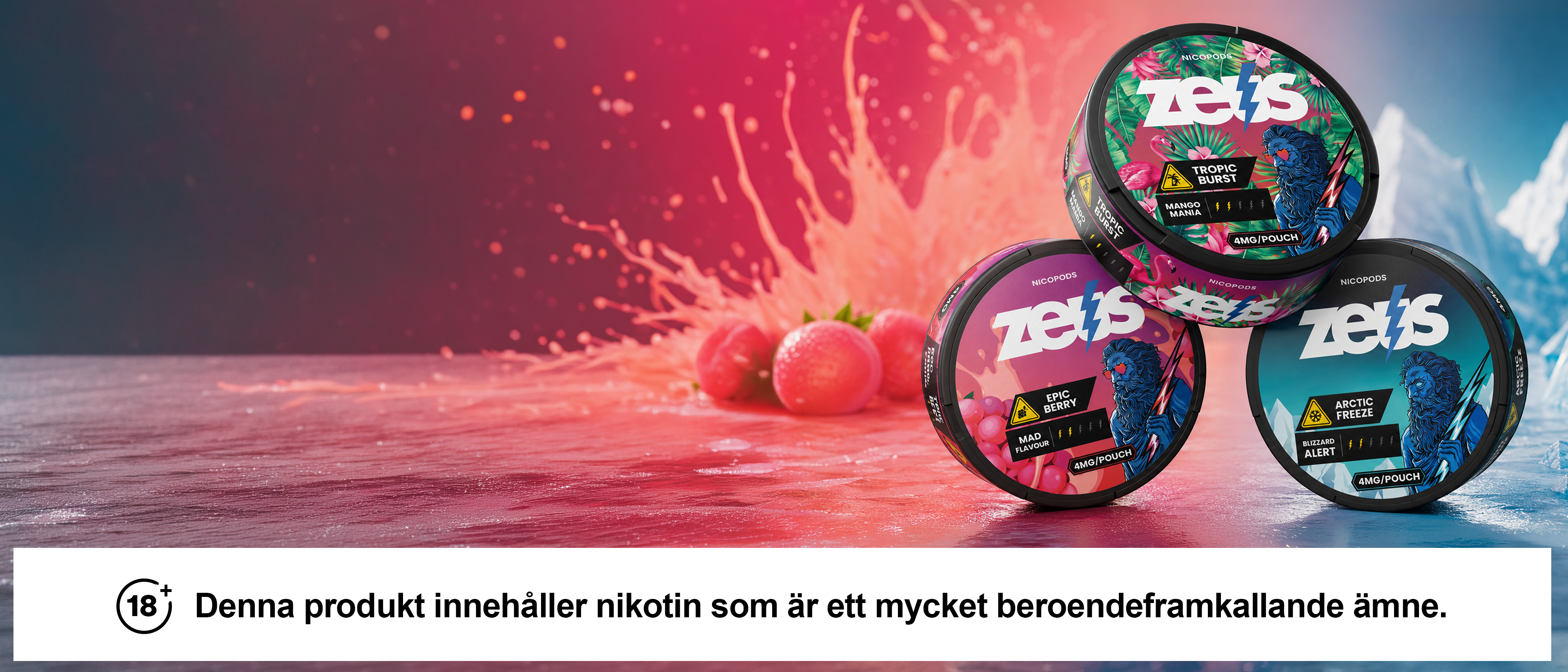 Three colorful containers of nicopods labeled "ze1s" with different flavors like "Epic Berry." A warning about nicotine in Swedish is below.