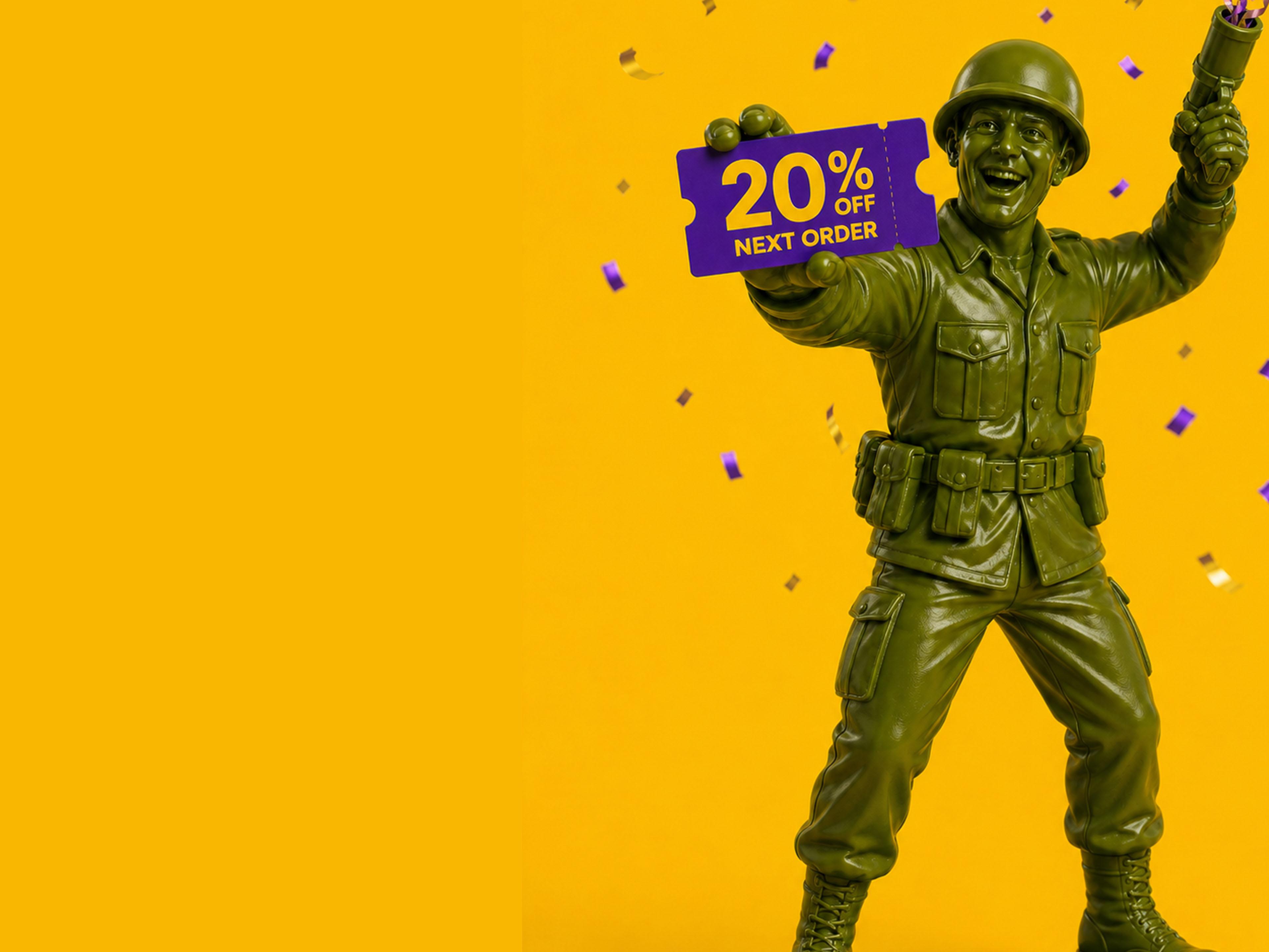 Green toy soldier holding a "20% Off Next Order" ticket, surrounded by confetti on a yellow background.
