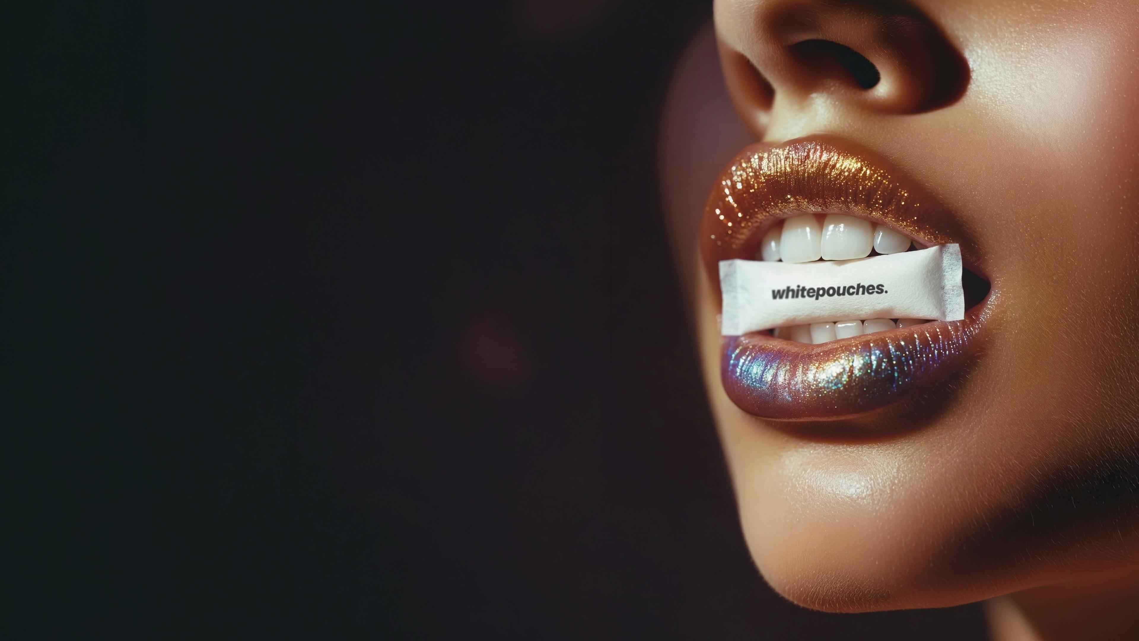 A close-up of a woman's lips with metallic purple and gold lipstick, holding a small white label with text between her teeth.