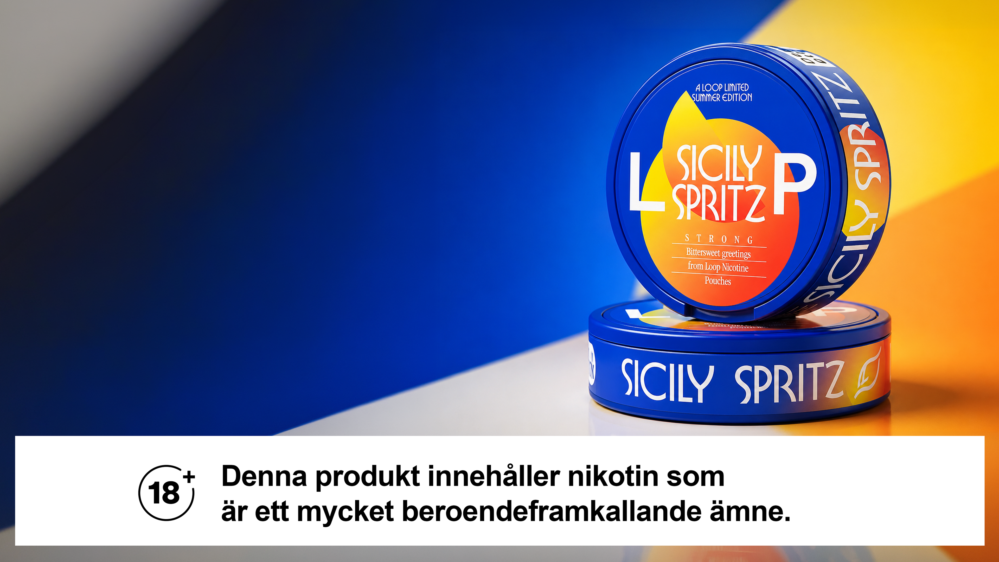 Round blue tin with "Sicily Spritz" logo, set against a colorful backdrop. Swedish text warns of nicotine content, indicating 18+ age restriction.