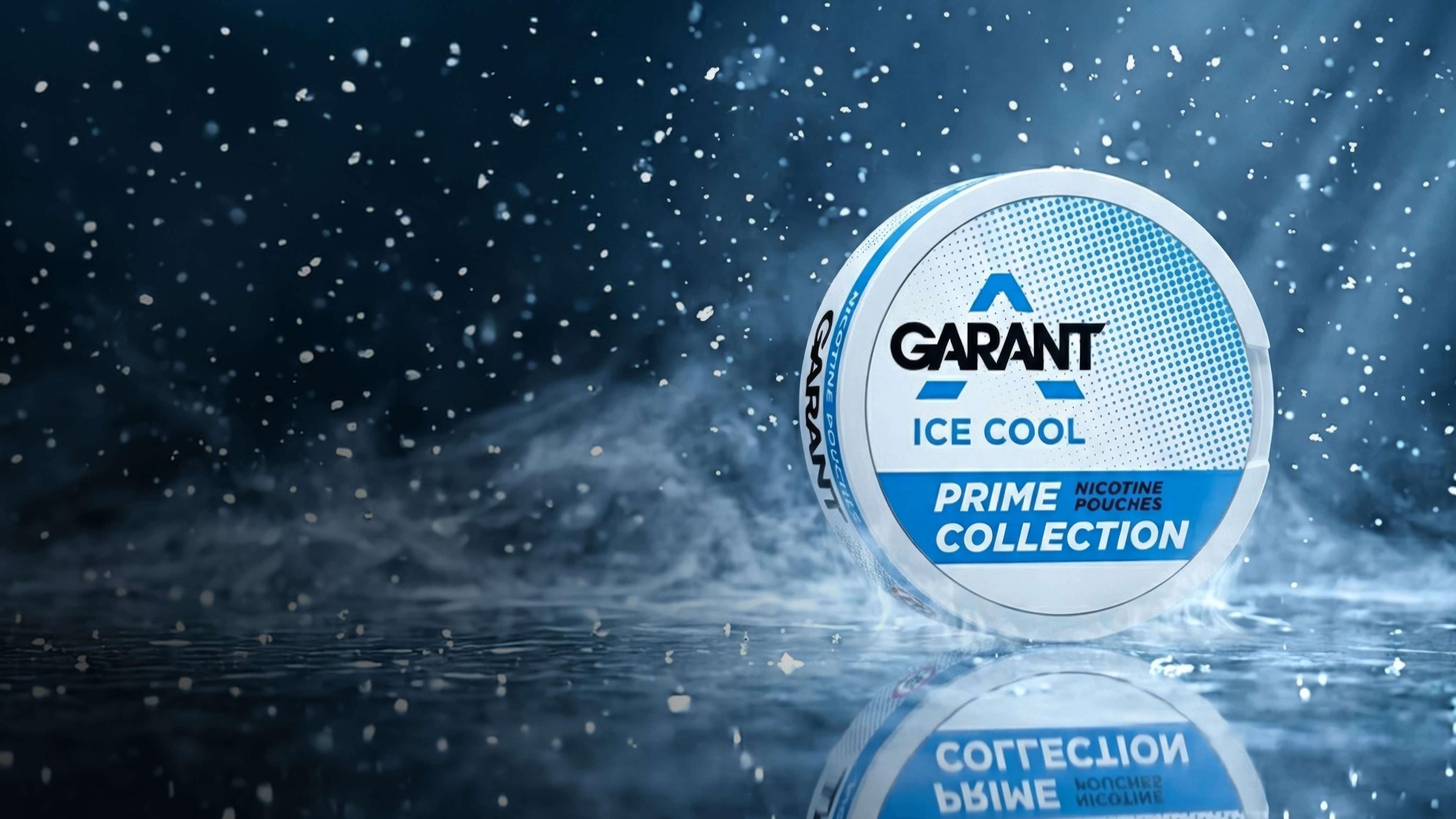 A round can of Garant Ice Cool nicotine pouches placed on a reflective surface with mist and snow-like particles in the background.