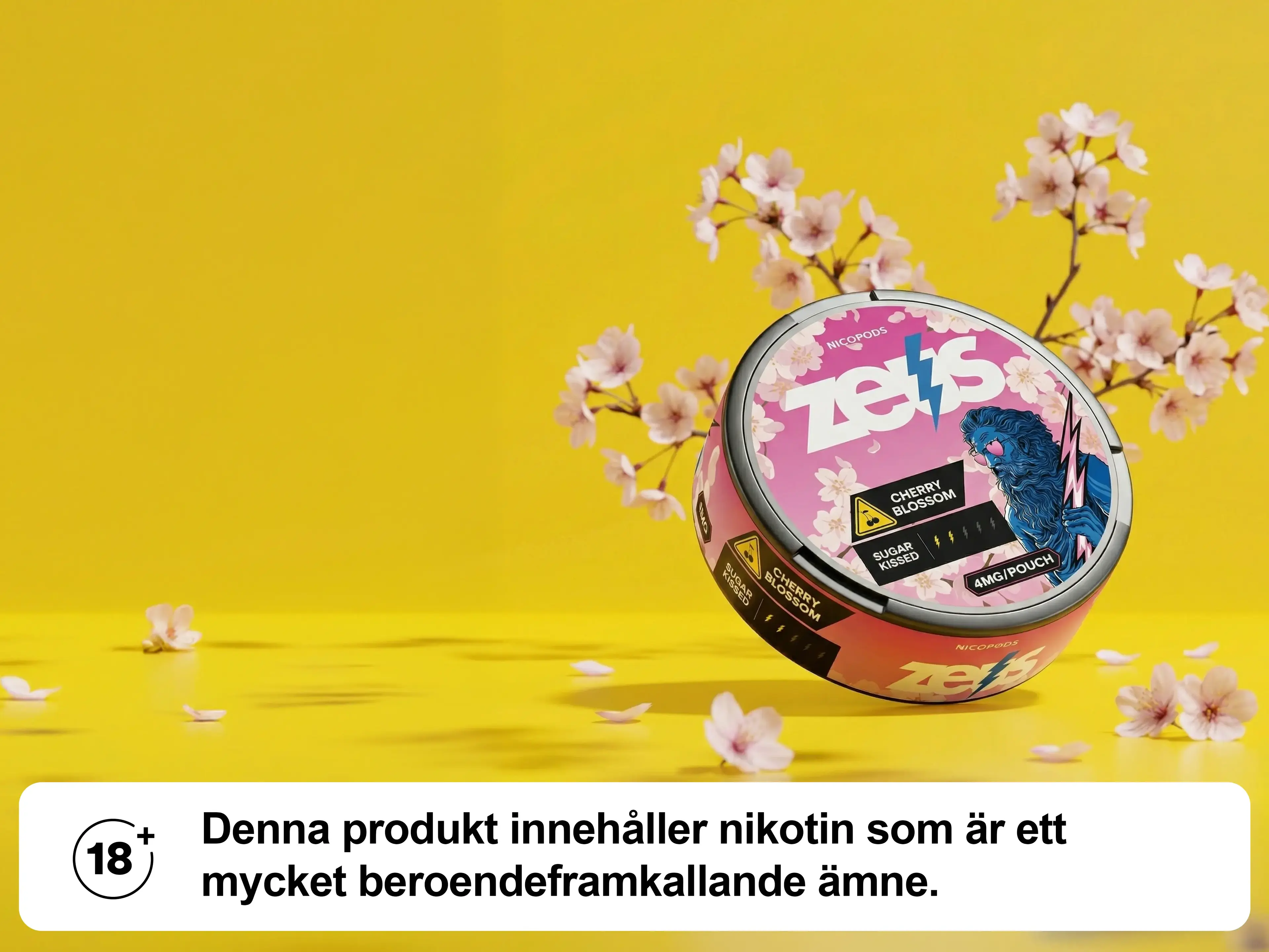 Pink can of Zeus nicotine pouches on a yellow background with cherry blossoms, includes a Swedish nicotine warning label.