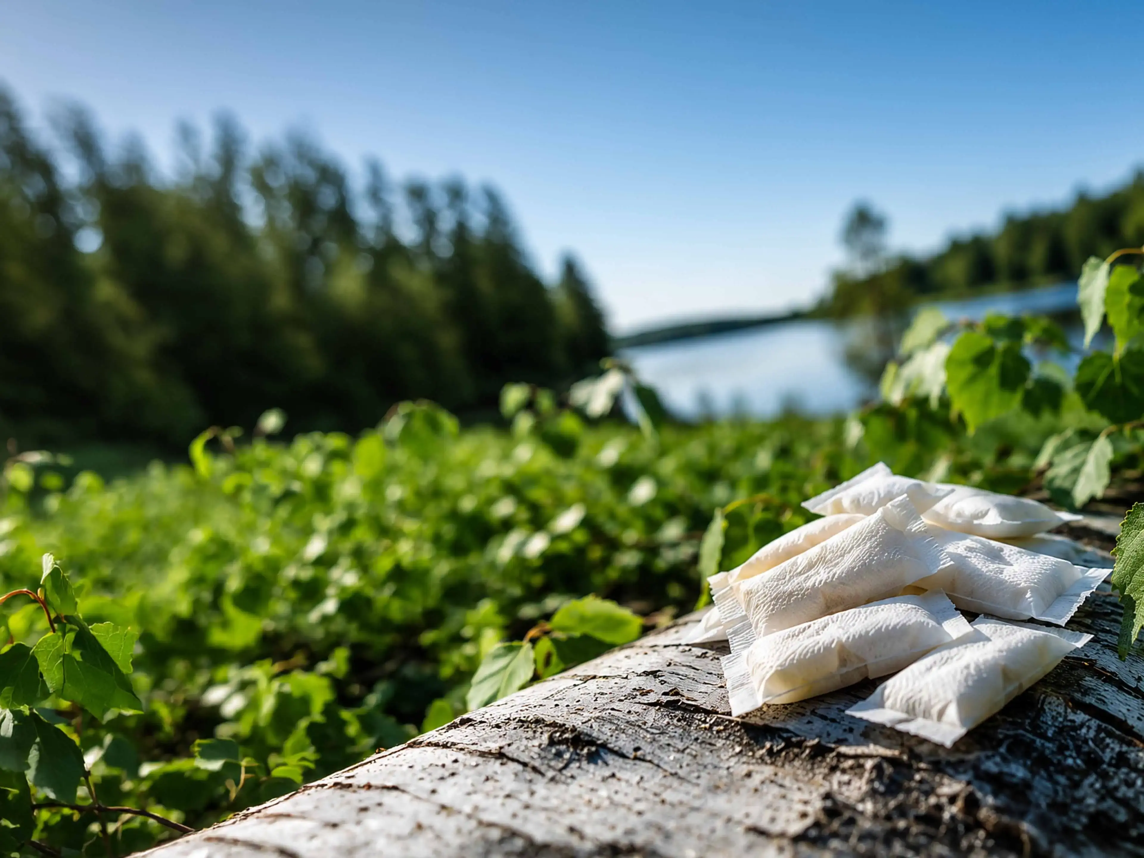 Small white packets on a log with lush greenery and a lake in the background under a clear blue sky.