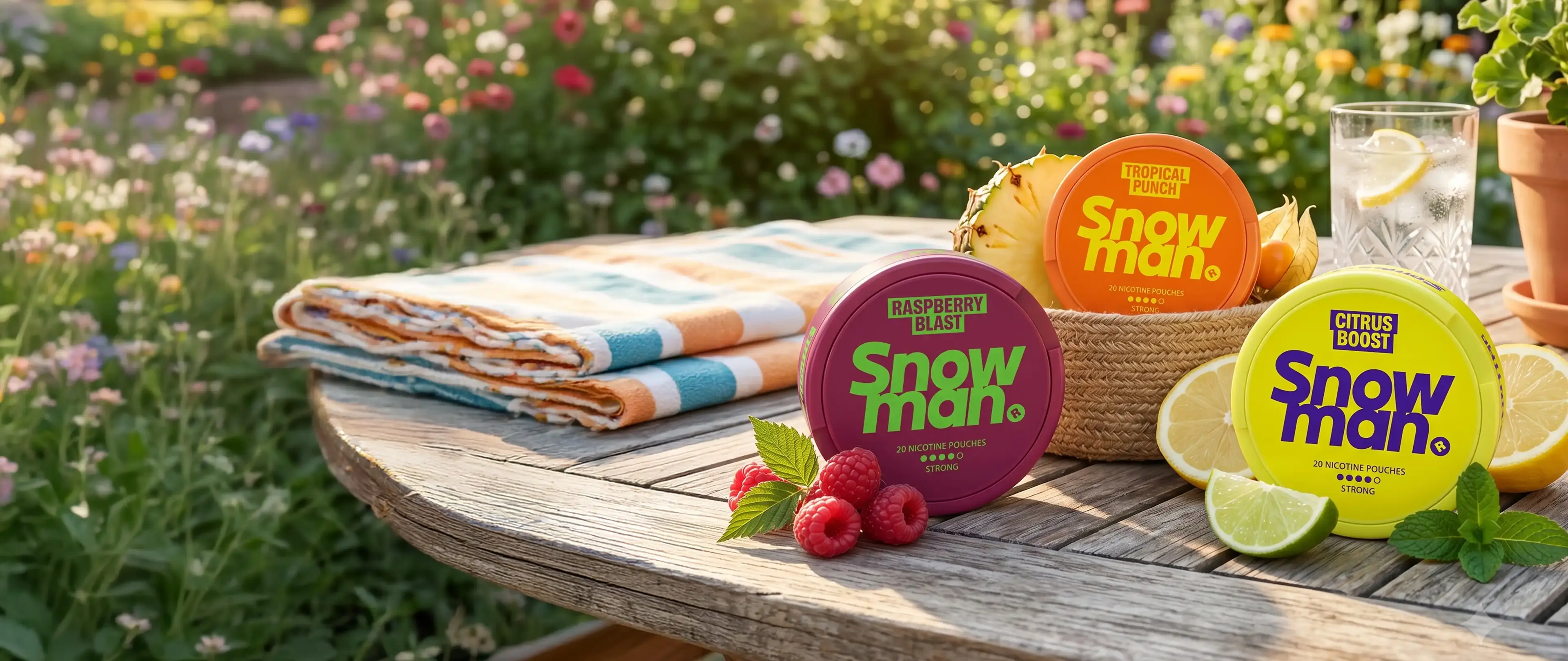 Three Snowman nicotine pouch tins on a wooden table with fruit, towel, and lemonade in a vibrant garden setting.