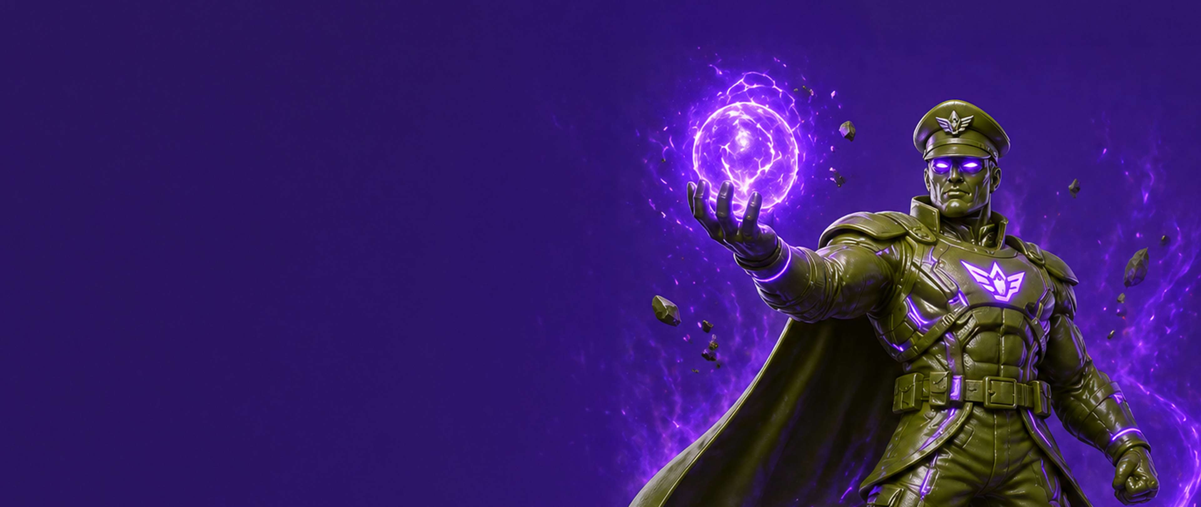 A figure in green armor with a cape holds a glowing purple orb, surrounded by floating rocks against a purple background.