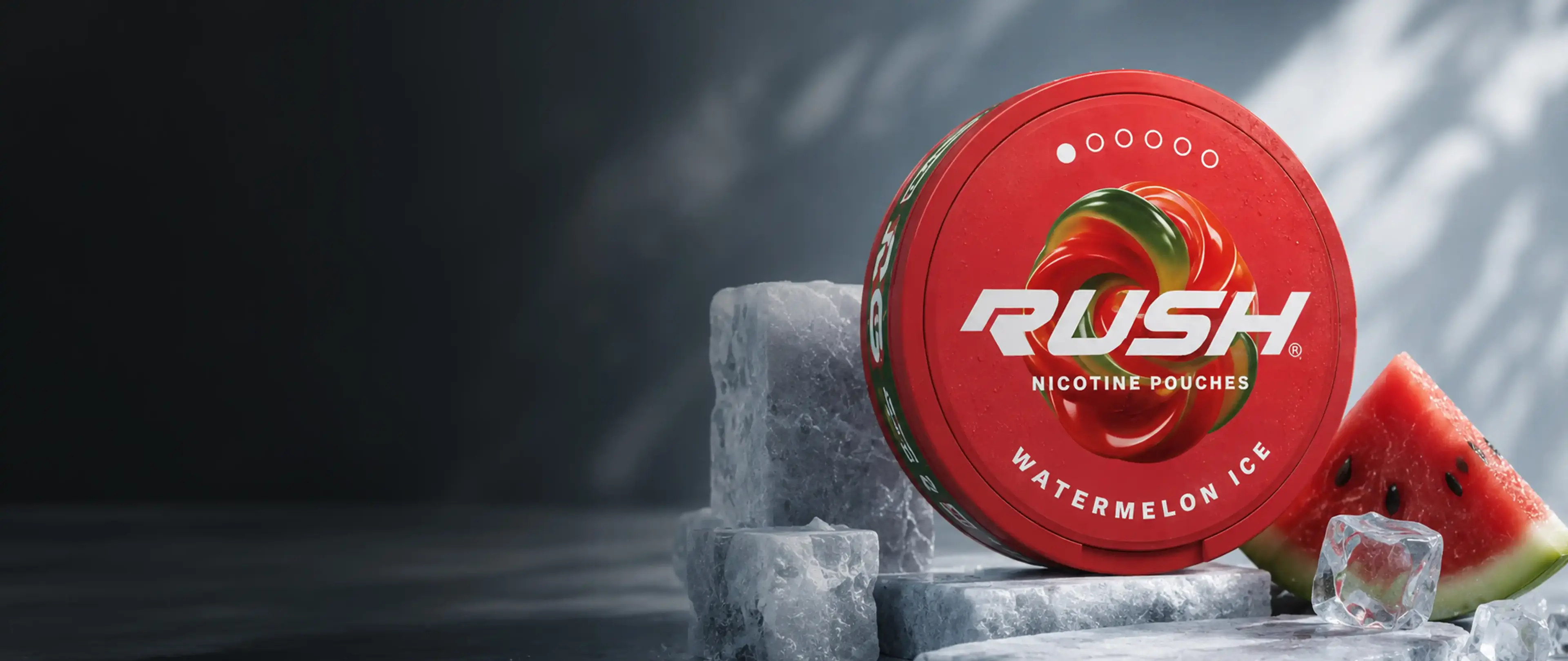 Red tin of Rush Watermelon Ice nicotine pouches on ice cubes with watermelon slice, set against a dark background.