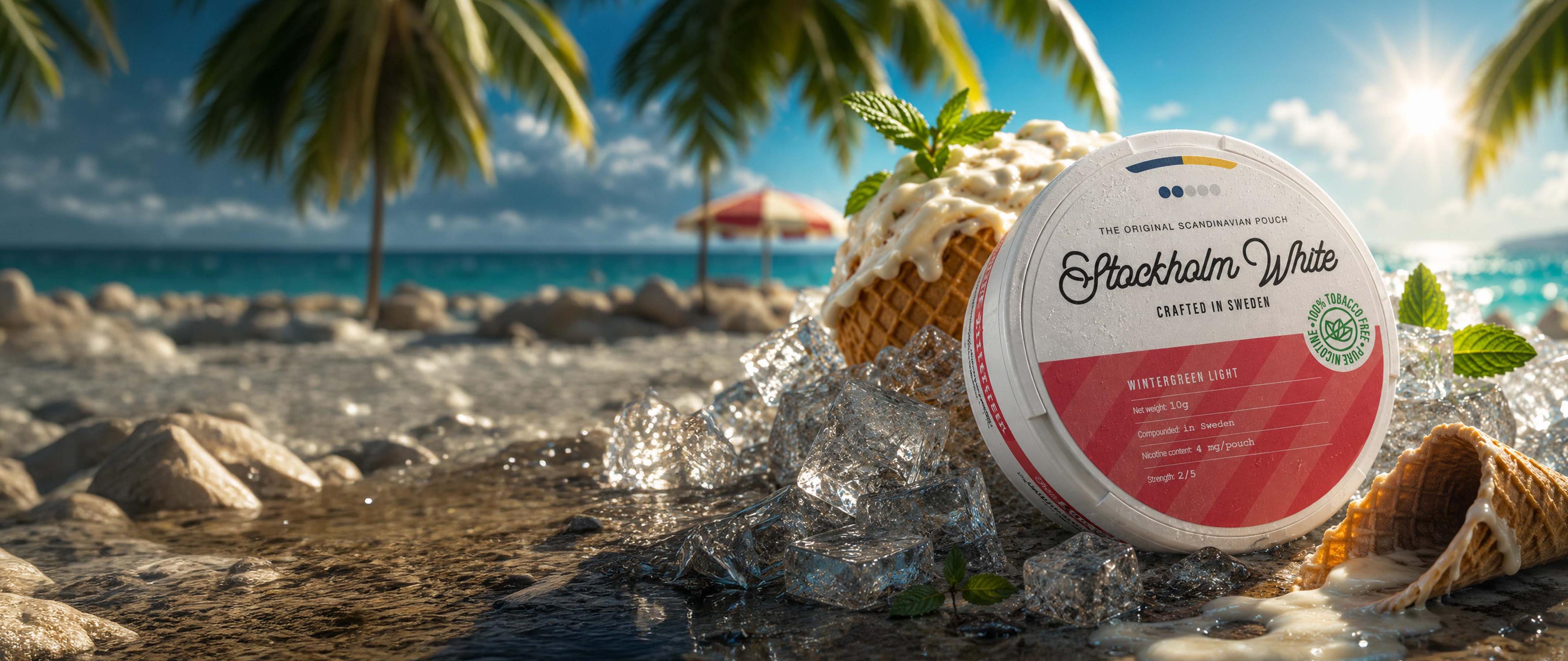 Snus can on ice next to a melting ice cream cone on a beach with palm trees and ocean in the background.