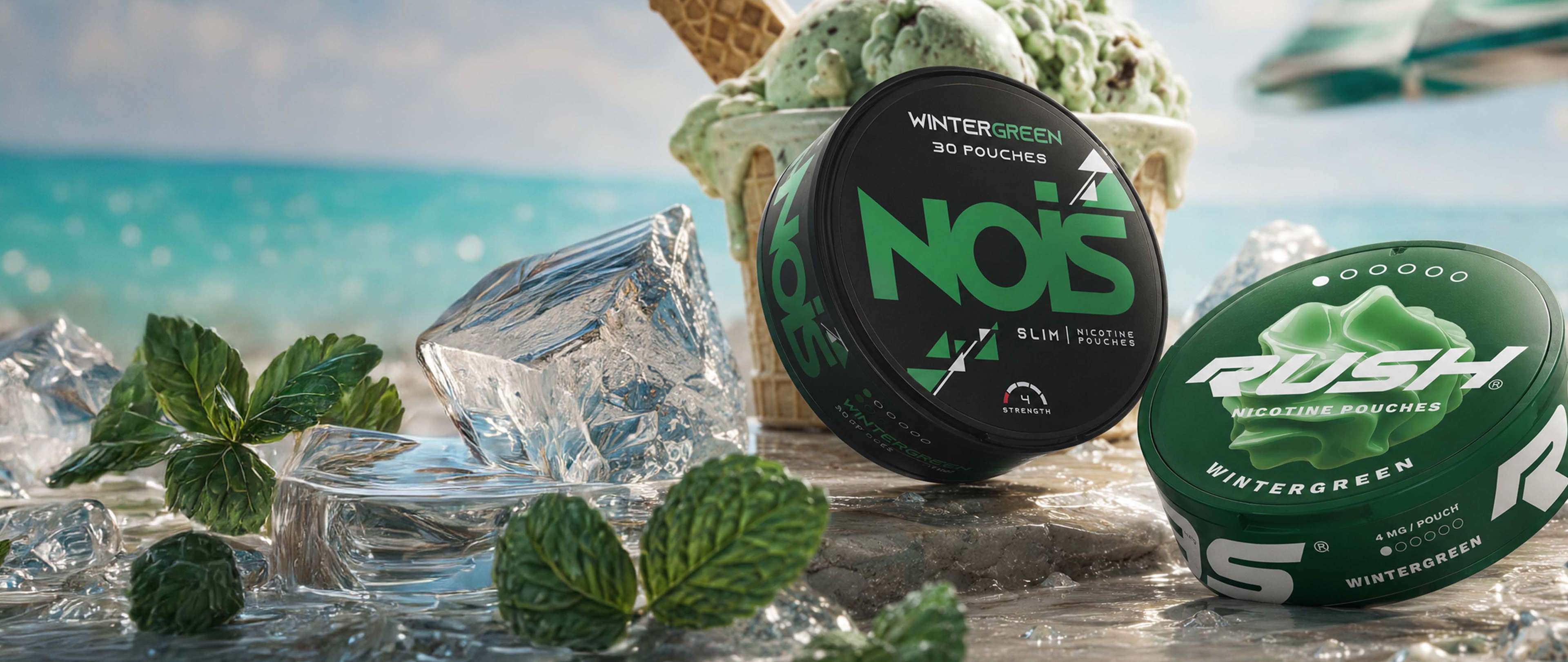 Wintergreen nicotine pouches beside ice cubes, mint leaves, and mint chocolate ice cream, with a beach background.