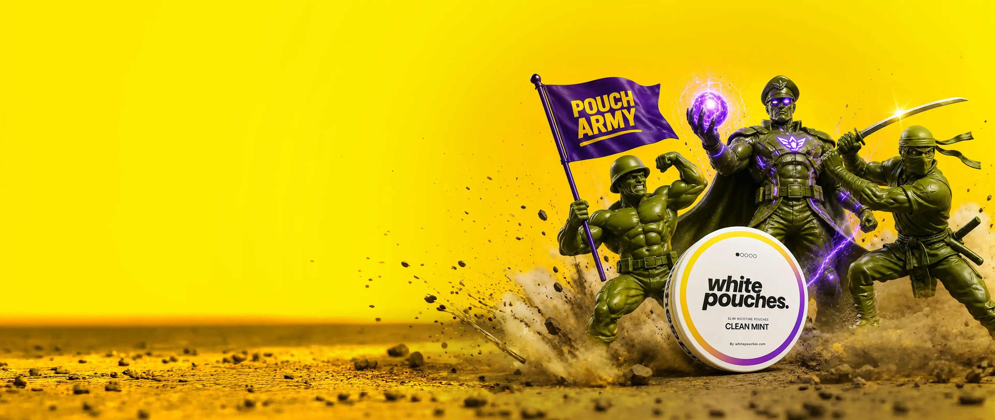 Toy soldiers and a superhero stand around a can of "white pouches" mint, with one holding a "Pouch Army" flag, on a vibrant yellow background.