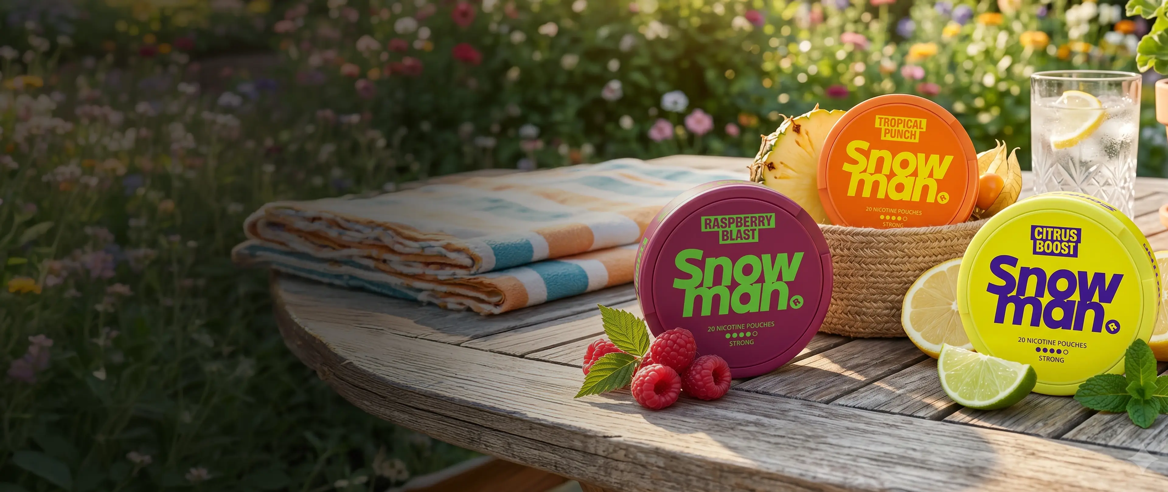 Three Snowman nicotine pouches in Raspberry, Tropical Punch, and Citrus Boost flavors on a wooden table with fruit and a drink outdoors.