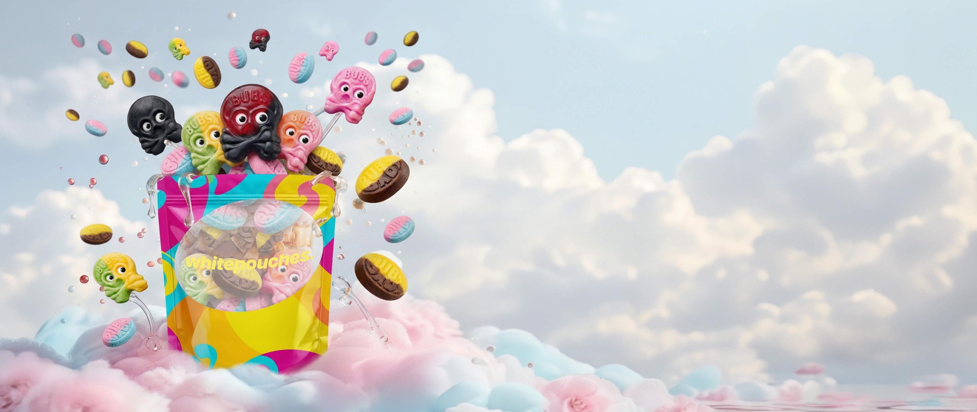 A colorful bag of BUBS Swedish candy with smiling cartoon faces and various treats exploding out, set against a cloudy sky background.