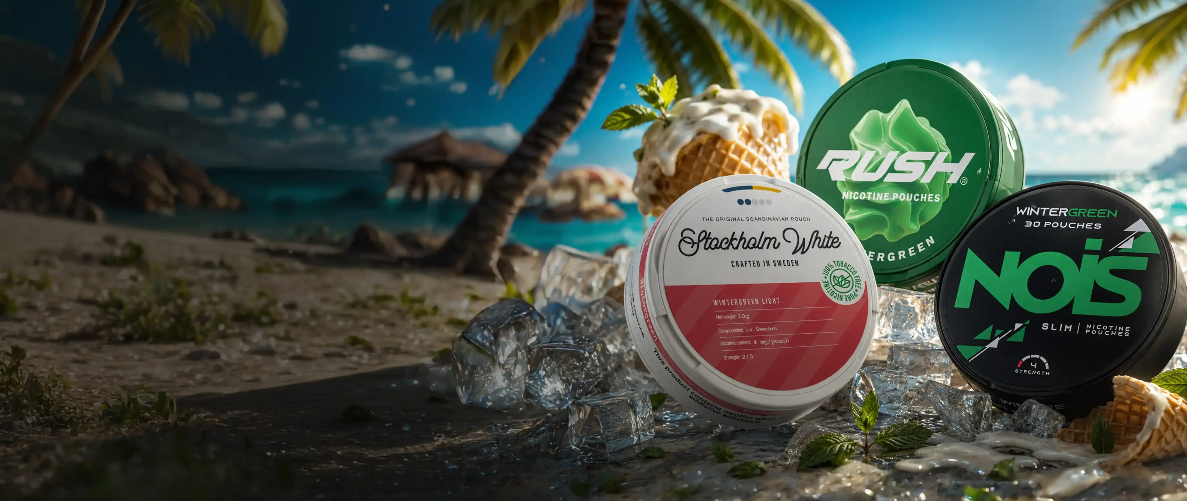 Tropical beach scene with nicotine pouches, ice cubes, and a melting ice cream cone under palm trees.