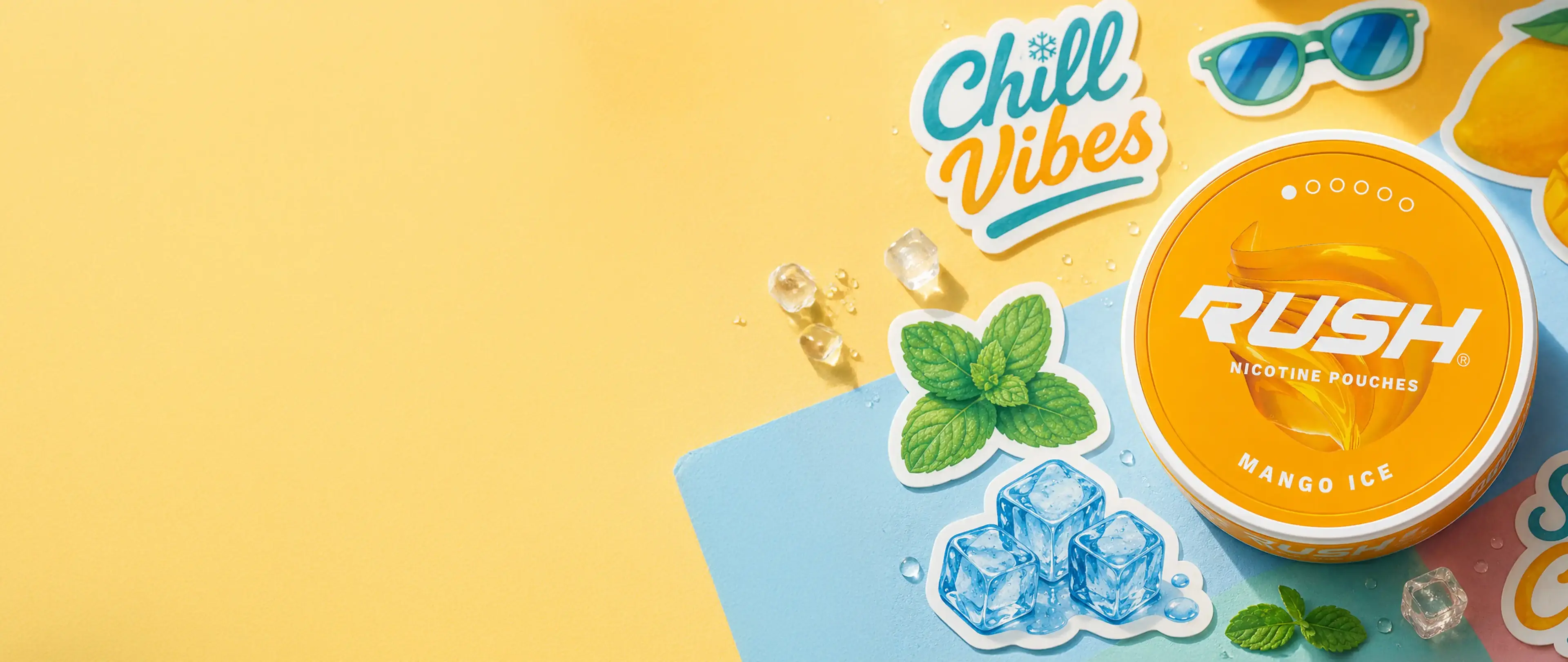 Orange Rush Mango Ice container with stickers of mint, ice cubes, sunglasses, and "Chill Vibes" on a yellow and blue background.