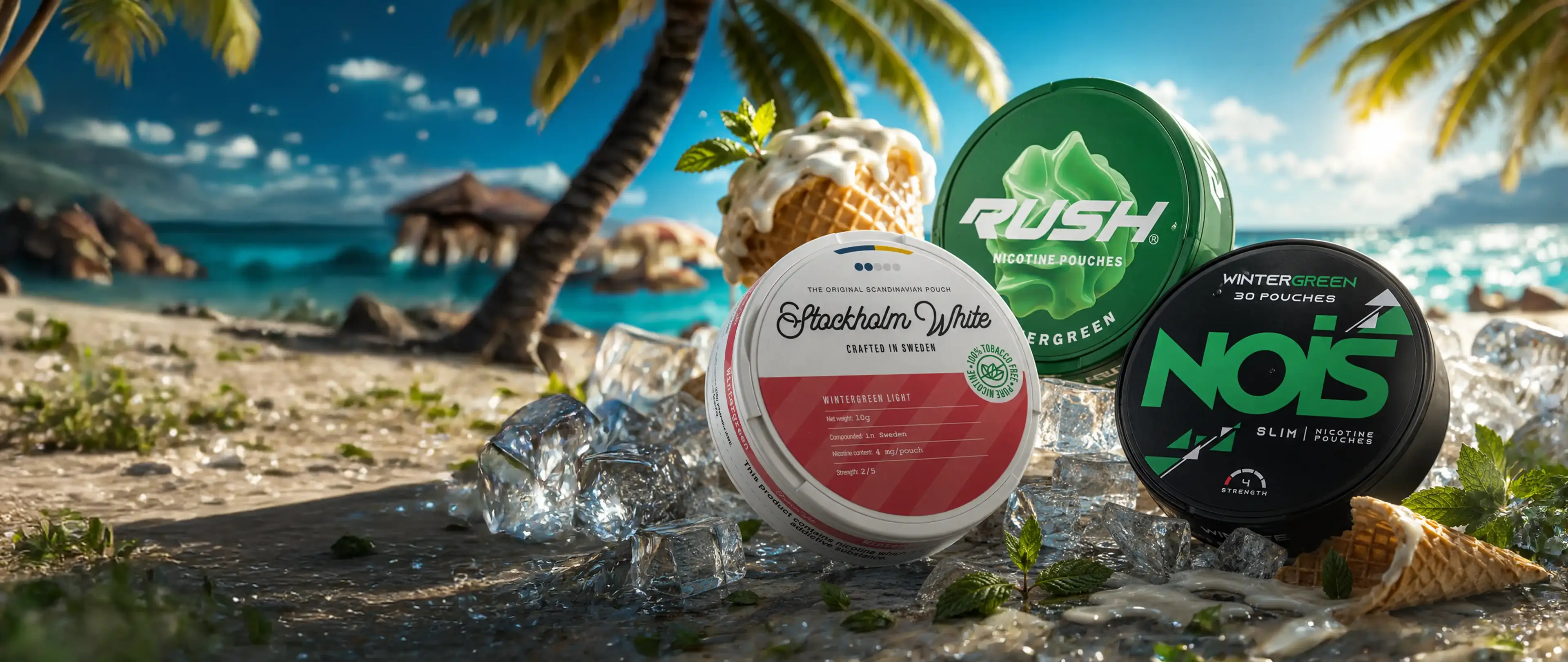 Three tins of nicotine pouches—Stockholm White, Rush, NOIS—on ice, with palm trees and a sunny beach in the background.
