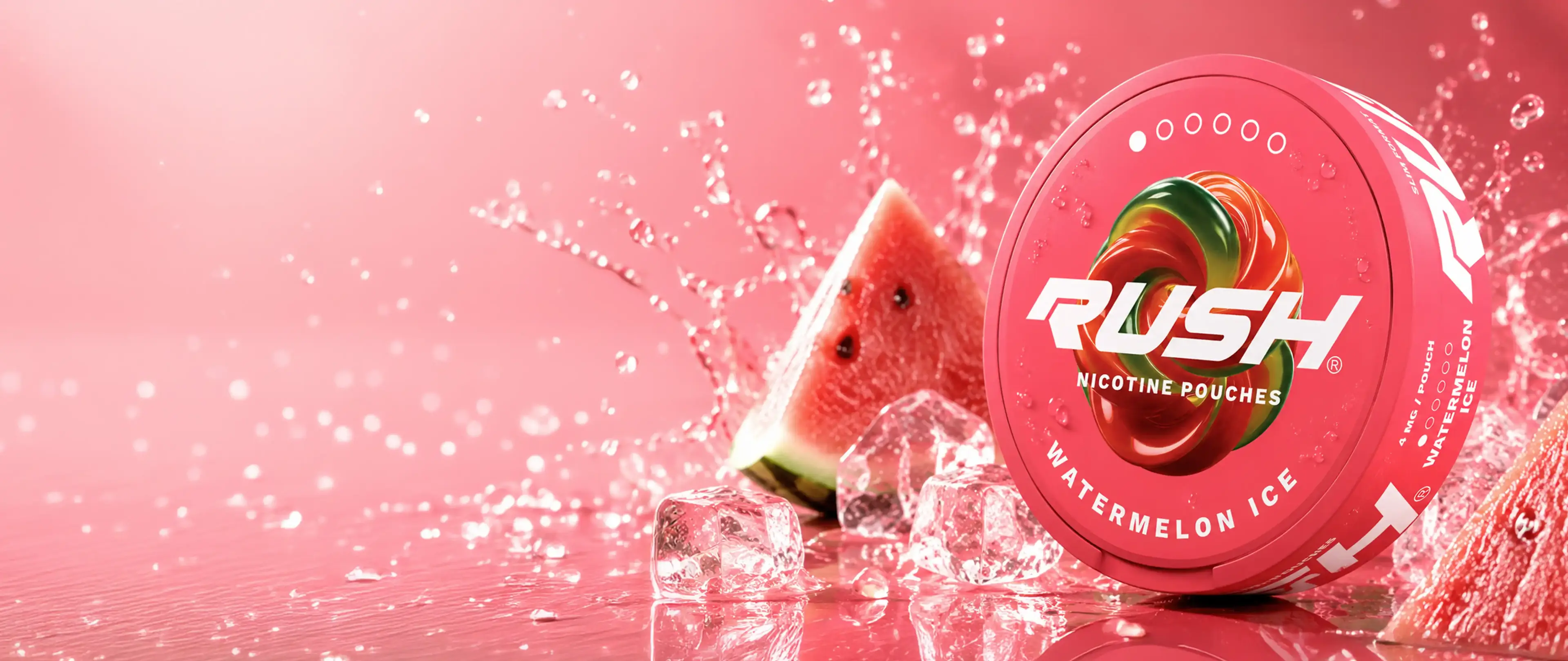 A vibrant pink Rush nicotine pouches container labeled "Watermelon Ice" surrounded by splashes, ice cubes, and watermelon slices.