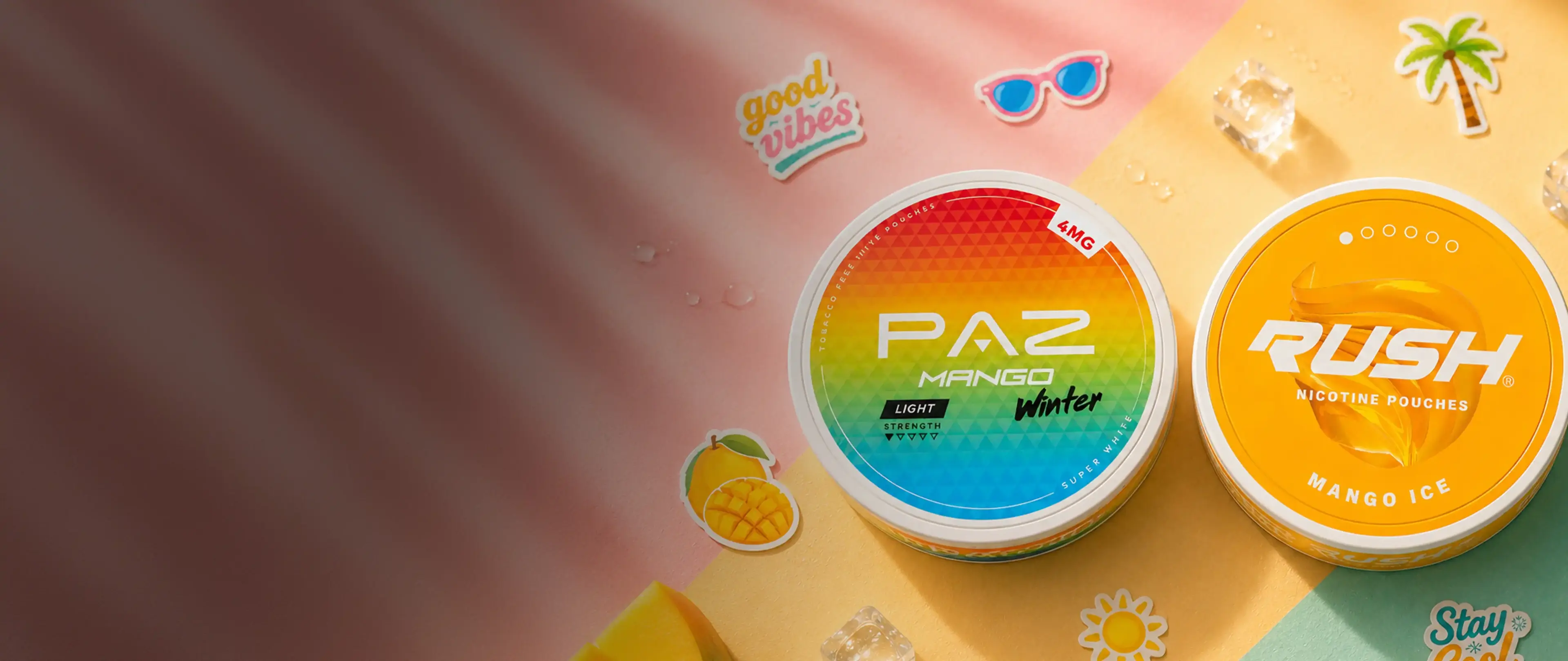 Colorful cans of PAZ Mango Winter and RUSH Mango Ice on a pastel background with tropical stickers and ice cubes.