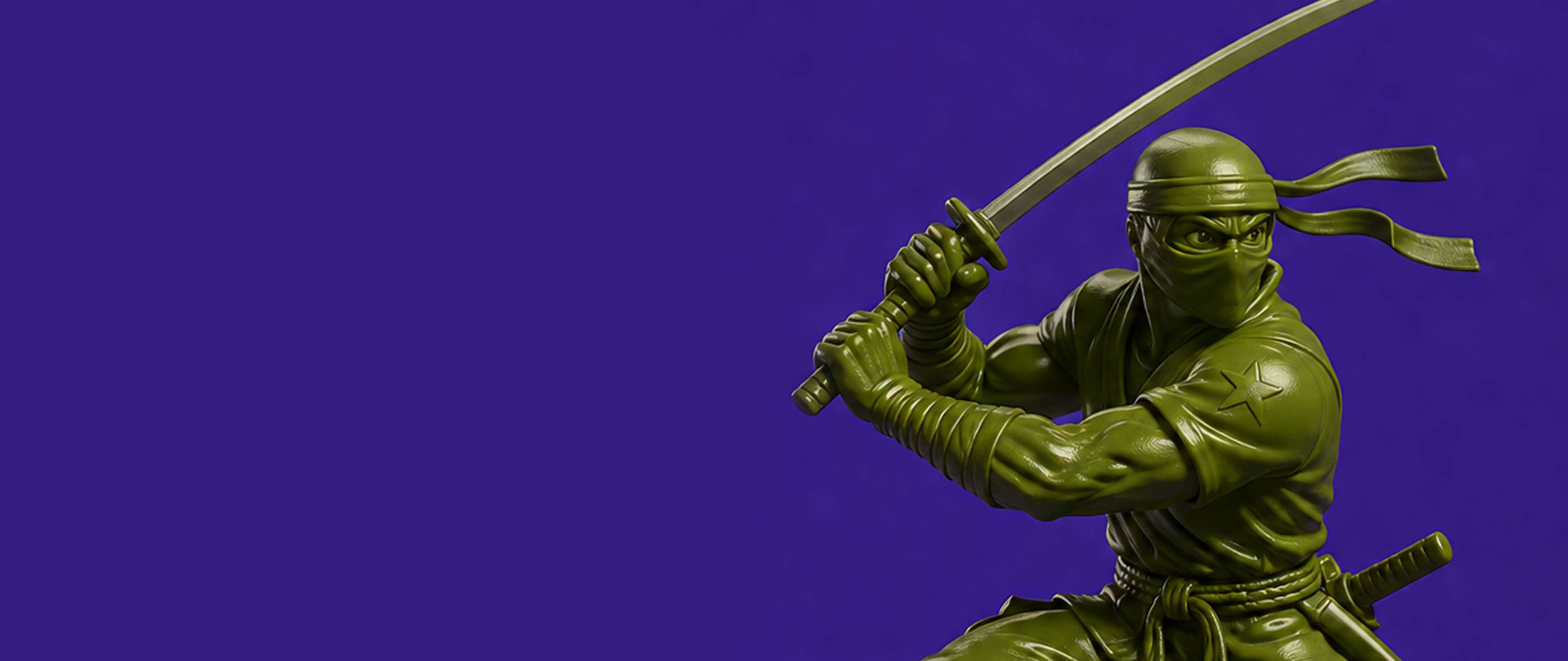 Green ninja figure in a dynamic pose wielding a katana, set against a solid purple background.