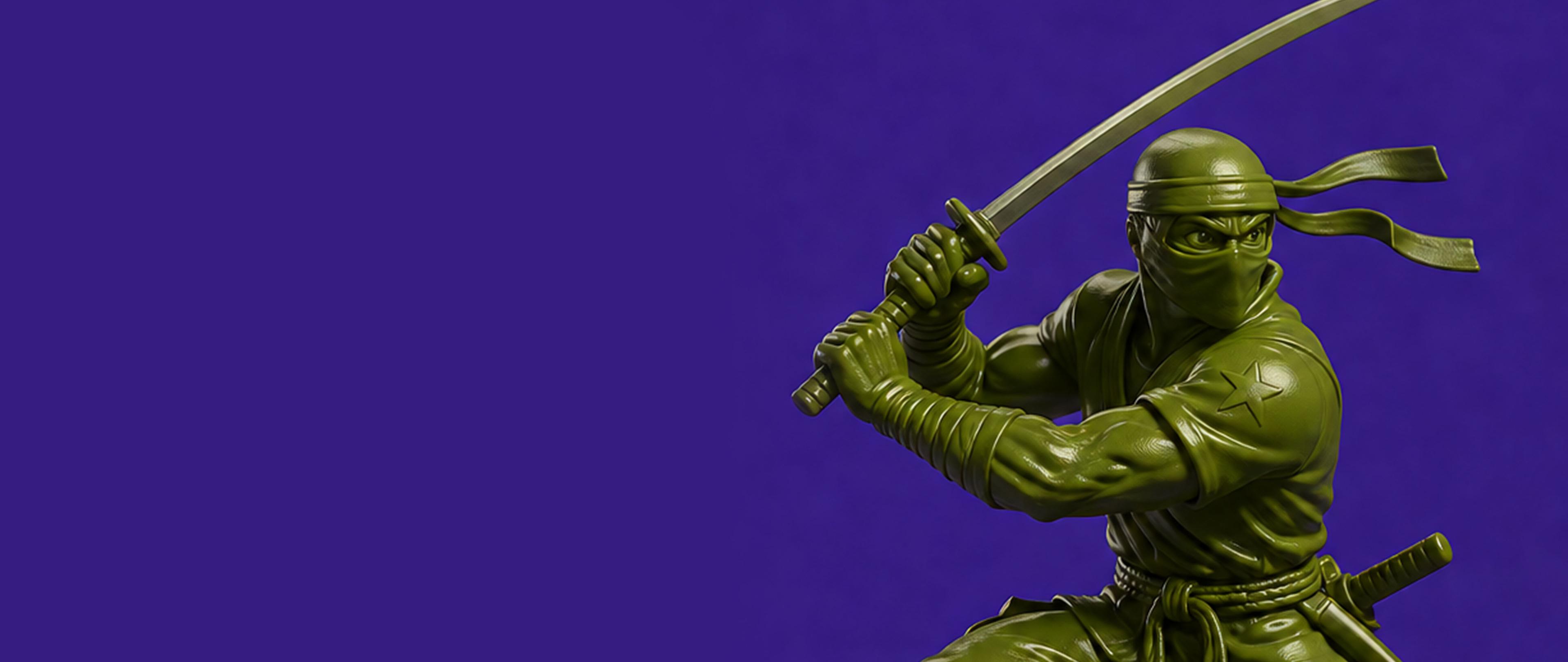 Green ninja figure in a dynamic pose wielding a katana, set against a solid purple background.