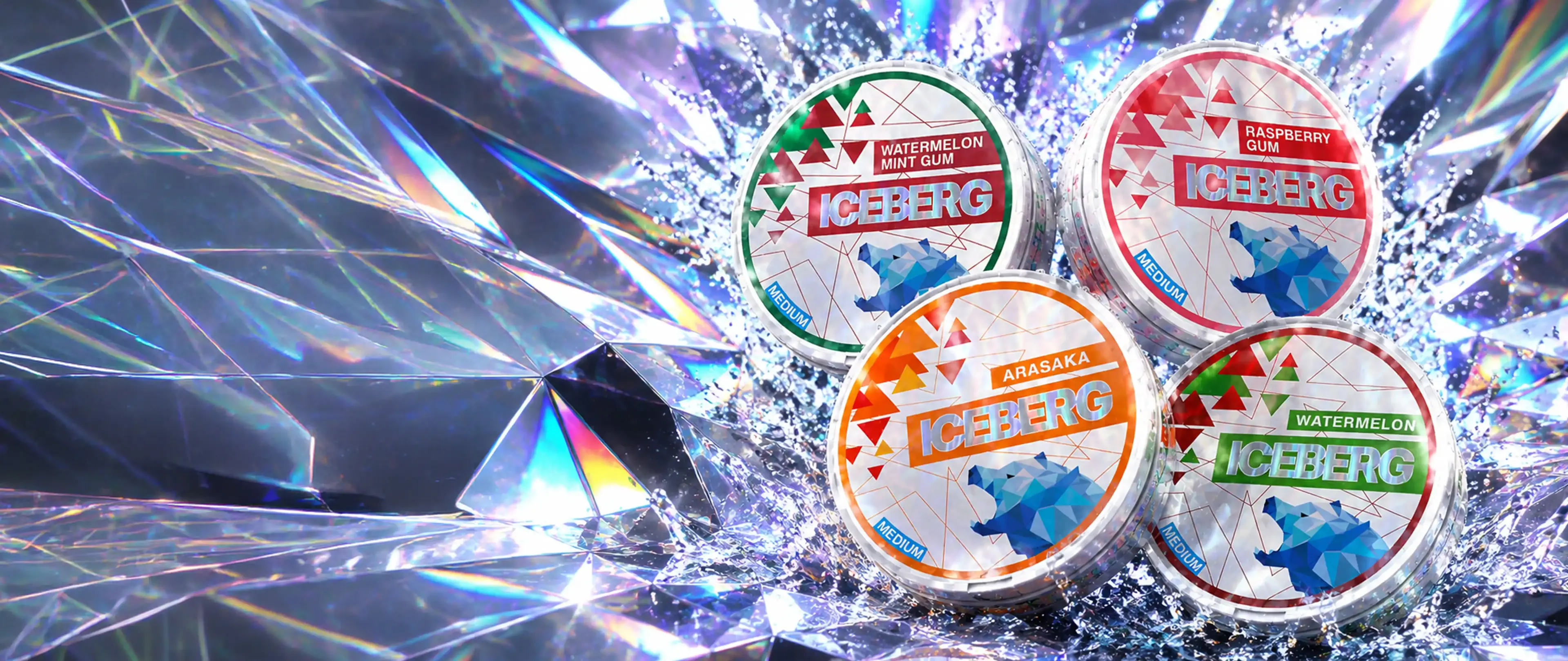 Four tins of Iceberg gum in various flavors (Watermelon Mint, Raspberry, Arasaka, Watermelon) are displayed on a sparkling, icy surface.