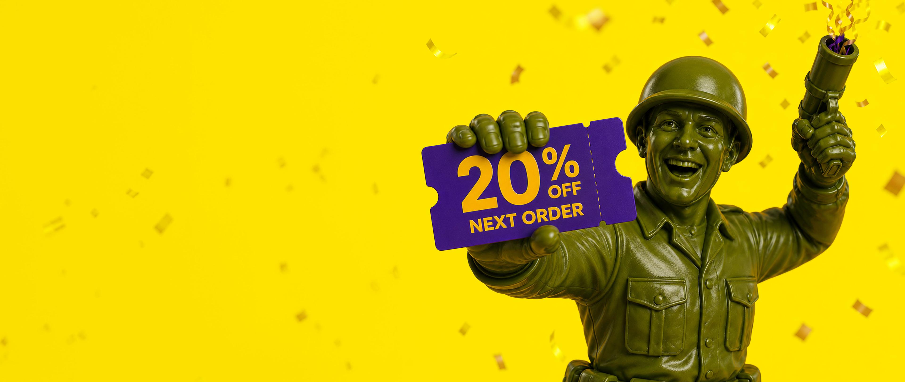 Green toy soldier holding a purple voucher for 20% off next order, yellow confetti background.