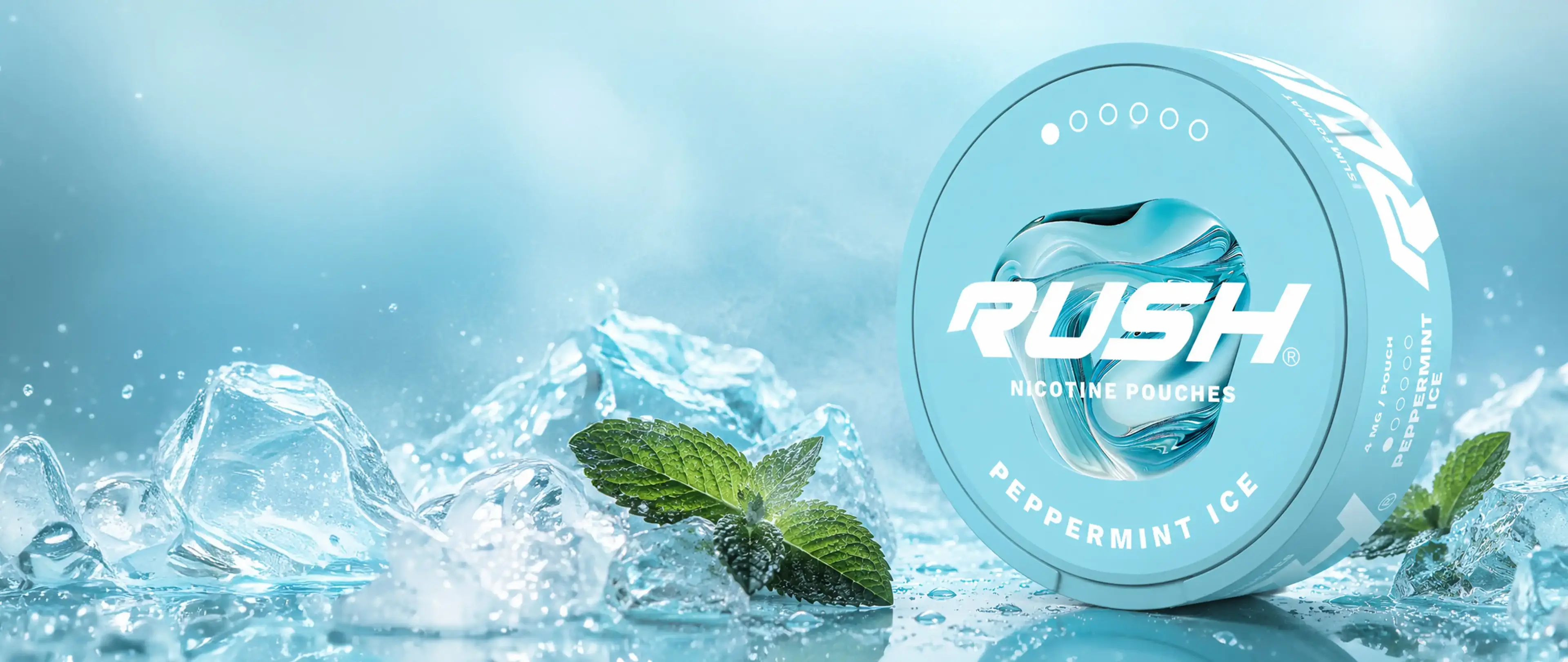 A blue container of Rush peppermint ice nicotine pouches, surrounded by ice cubes and fresh mint leaves on a light blue background.