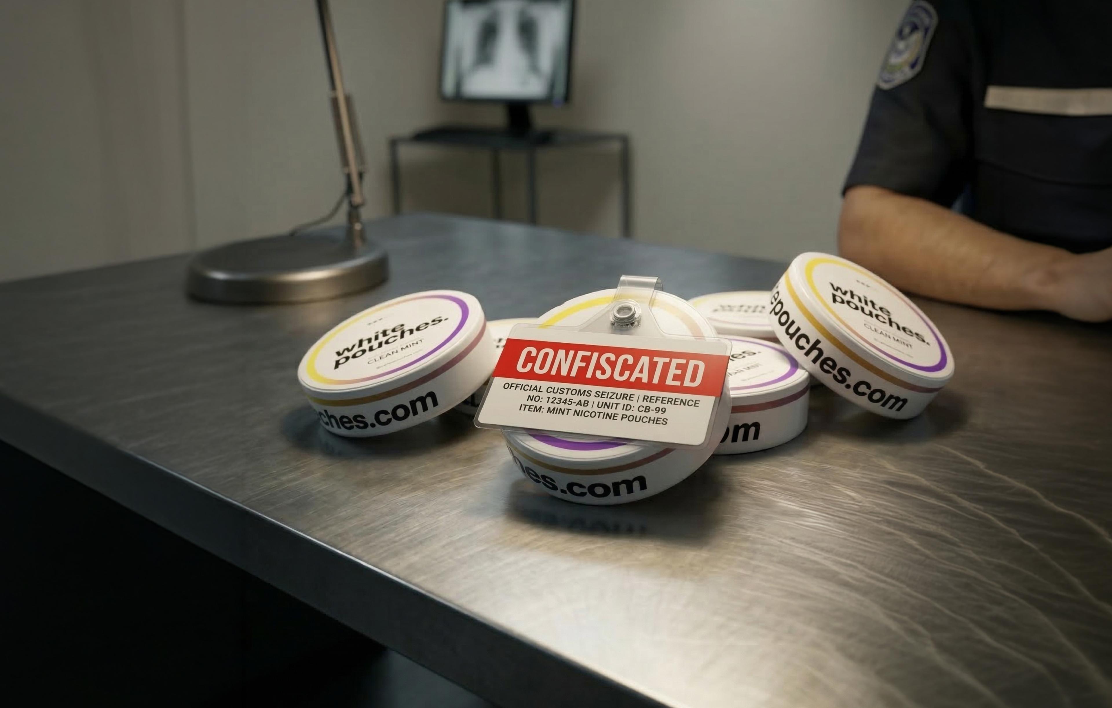 A pile of round nicotine pouch containers are on a table, with a "confiscated" tag. An officer's arm is visible in the background.