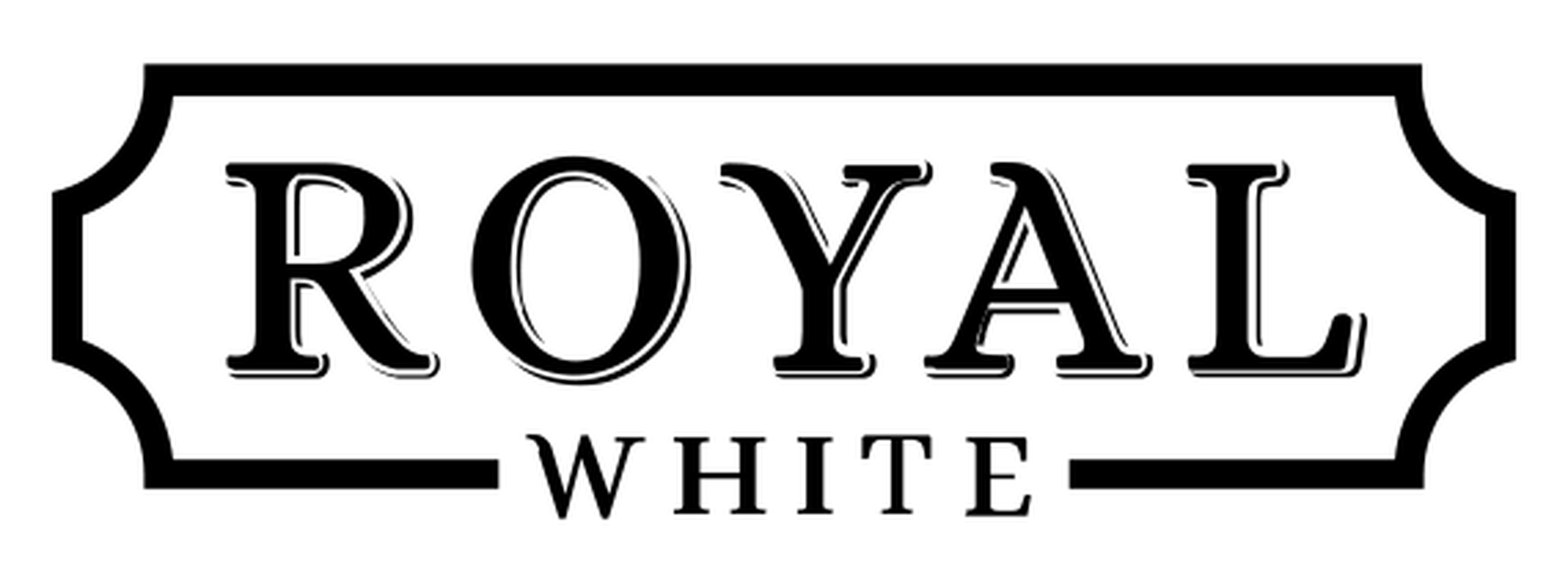 Logo of "Royal WHite" with stylized mountain design and bold black lettering.