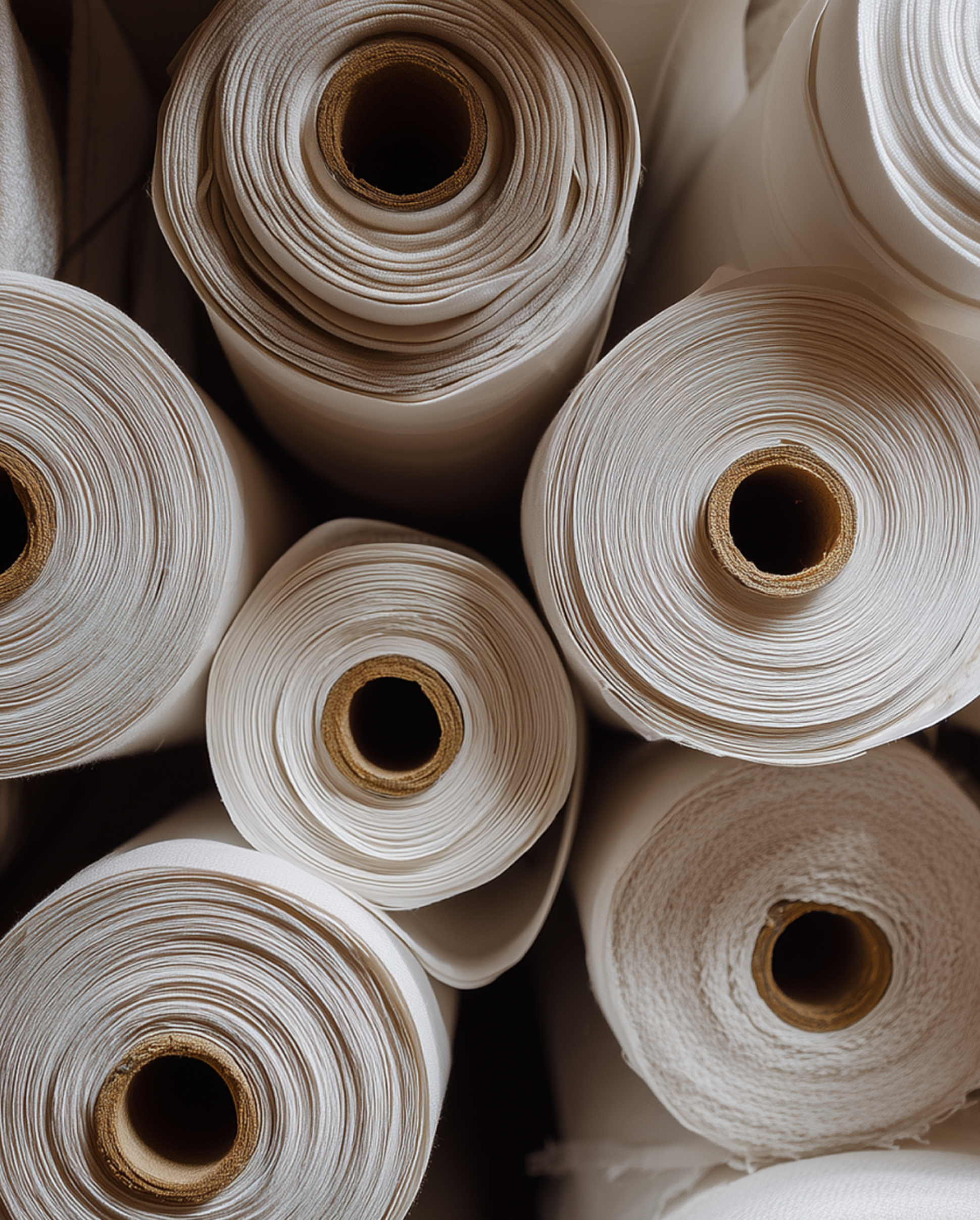 Gros plan sur plusieurs gros rouleaux de tissu blanc, chacun muni d'un mandrin en carton, disposés verticalement et serrés les uns contre les autres.