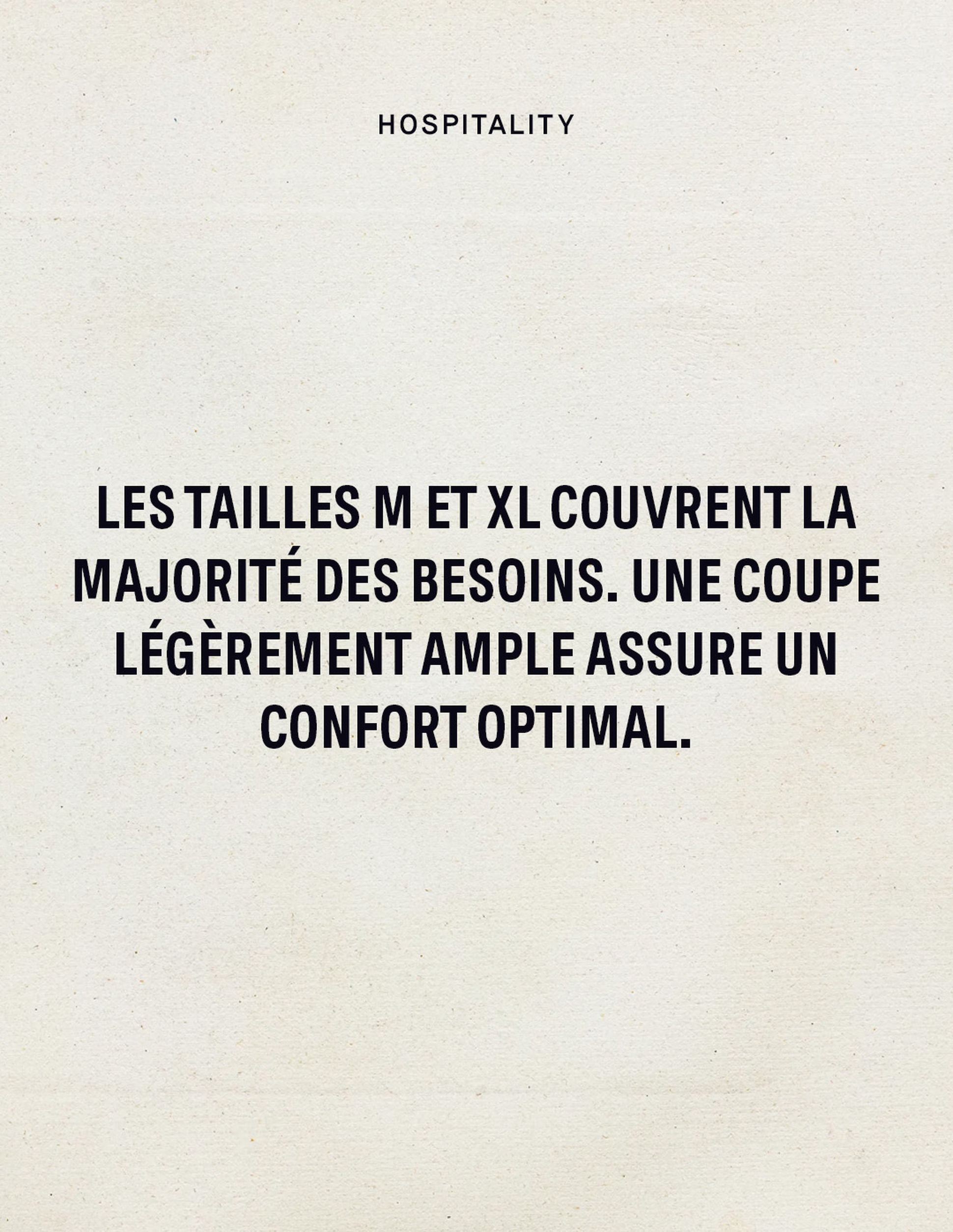 Text reads: "Les tailles M et XL couvrent la majorité des besoins. Une coupe légèrement ample assure un confort optimal."