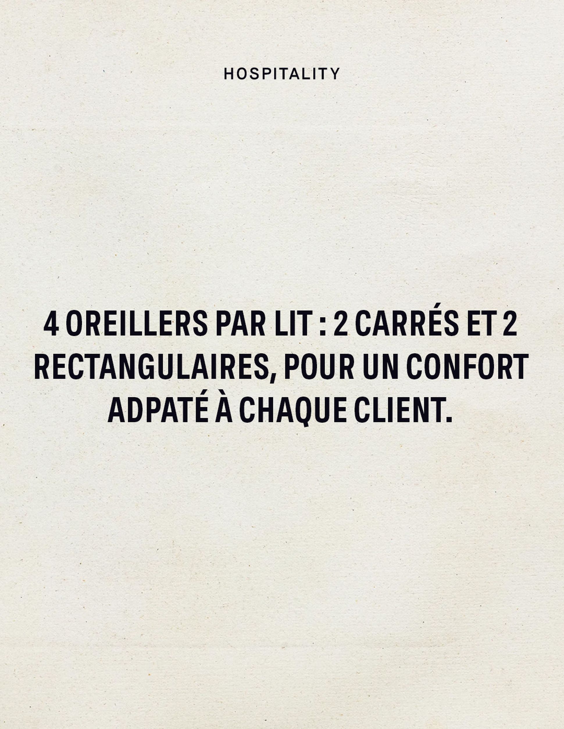 Text on a textured background reads: "4 pillows per bed: 2 square and 2 rectangular, for comfort tailored to each guest."