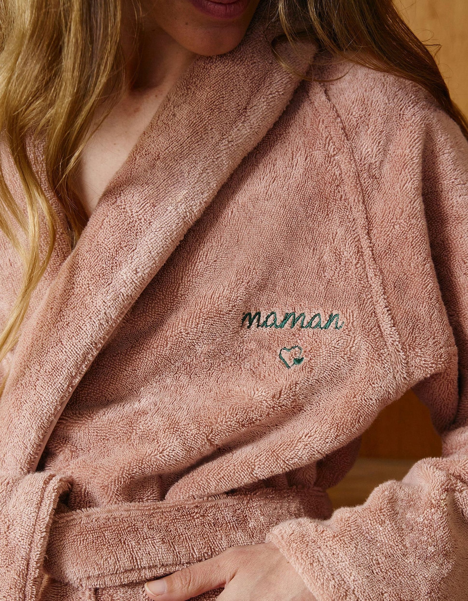 Peignoir moelleux Vieux Rose avec broderie "Maman"
