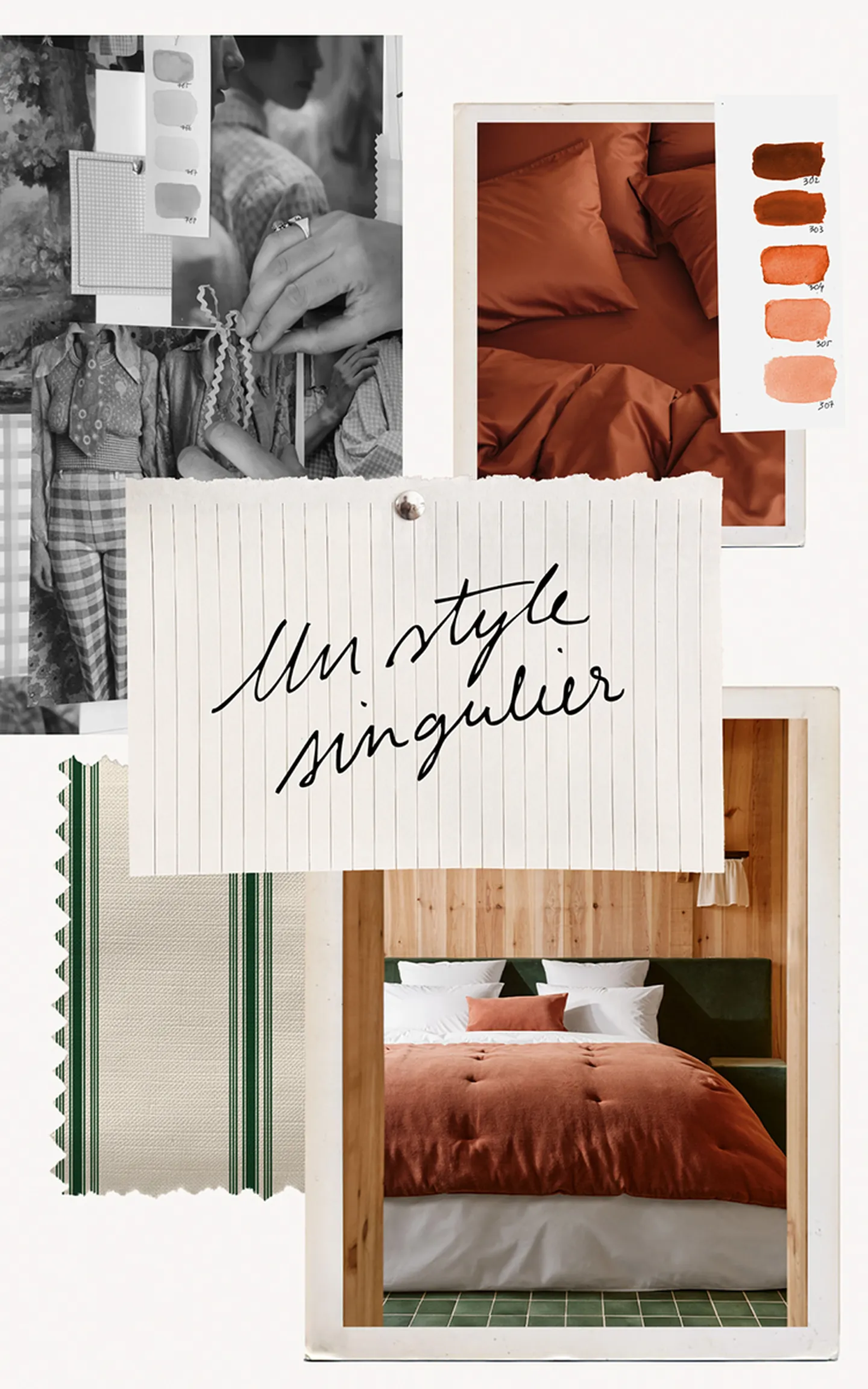 Collage featuring fabric swatches, a color palette, a stylish bedroom, and a note with "Un style singulier" written in cursive.