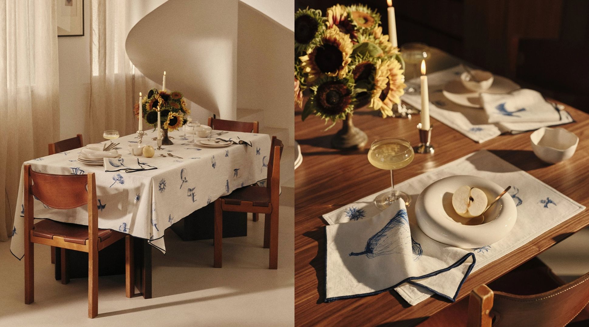 Table à manger recouverte d'une nappe à motifs blancs et bleus, dressée avec des tournesols, des bougies, des assiettes, des verres et une pomme coupée en tranches posée sur une assiette.