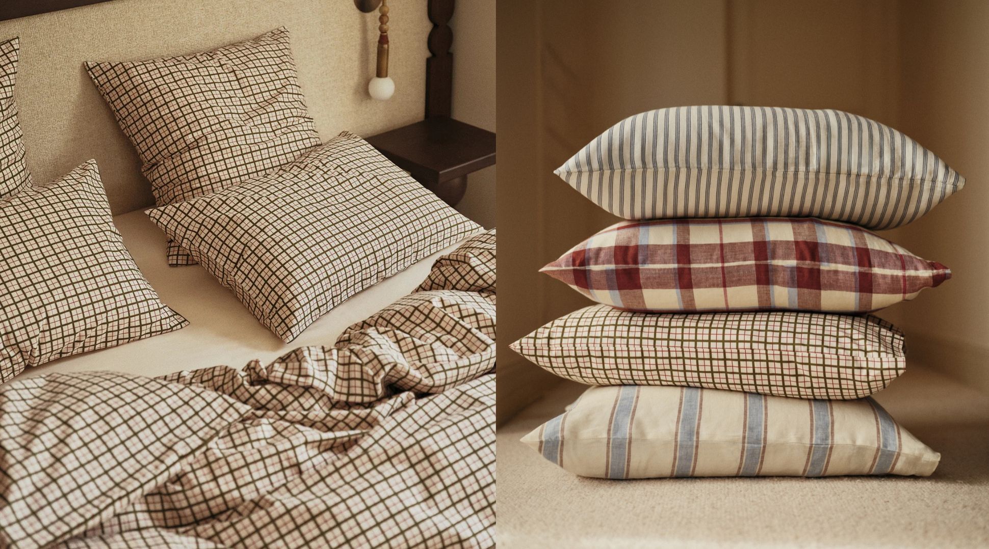 Deux photos montrent des coussins à carreaux et à rayures, assortis à des draps, soigneusement disposés sur un lit et empilés, mettant en valeur des textiles aux motifs chaleureux.