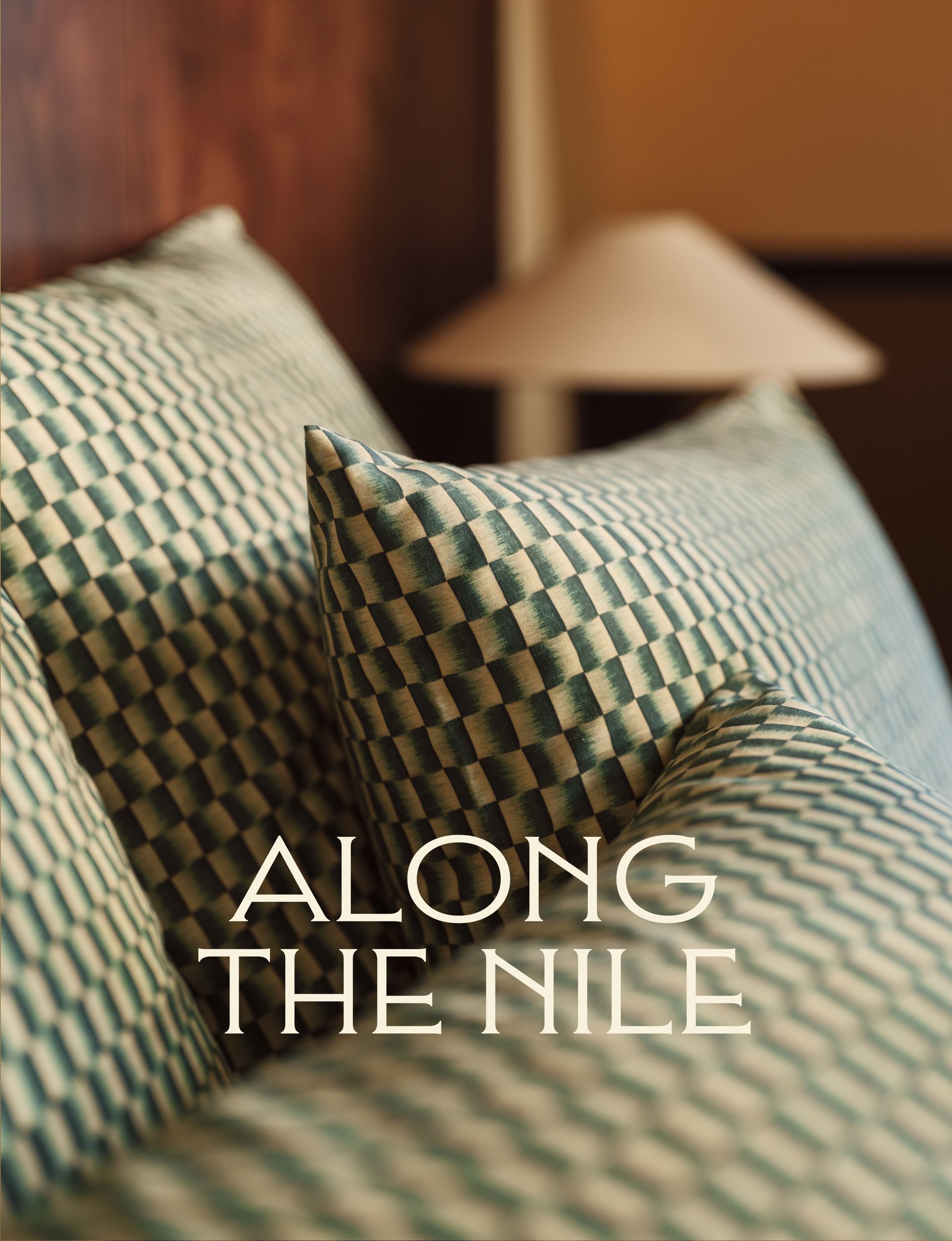 Gros plan sur des coussins à motifs, avec le texte « Along the Nile » superposé, sur un arrière-plan flou où l'on aperçoit une lampe.