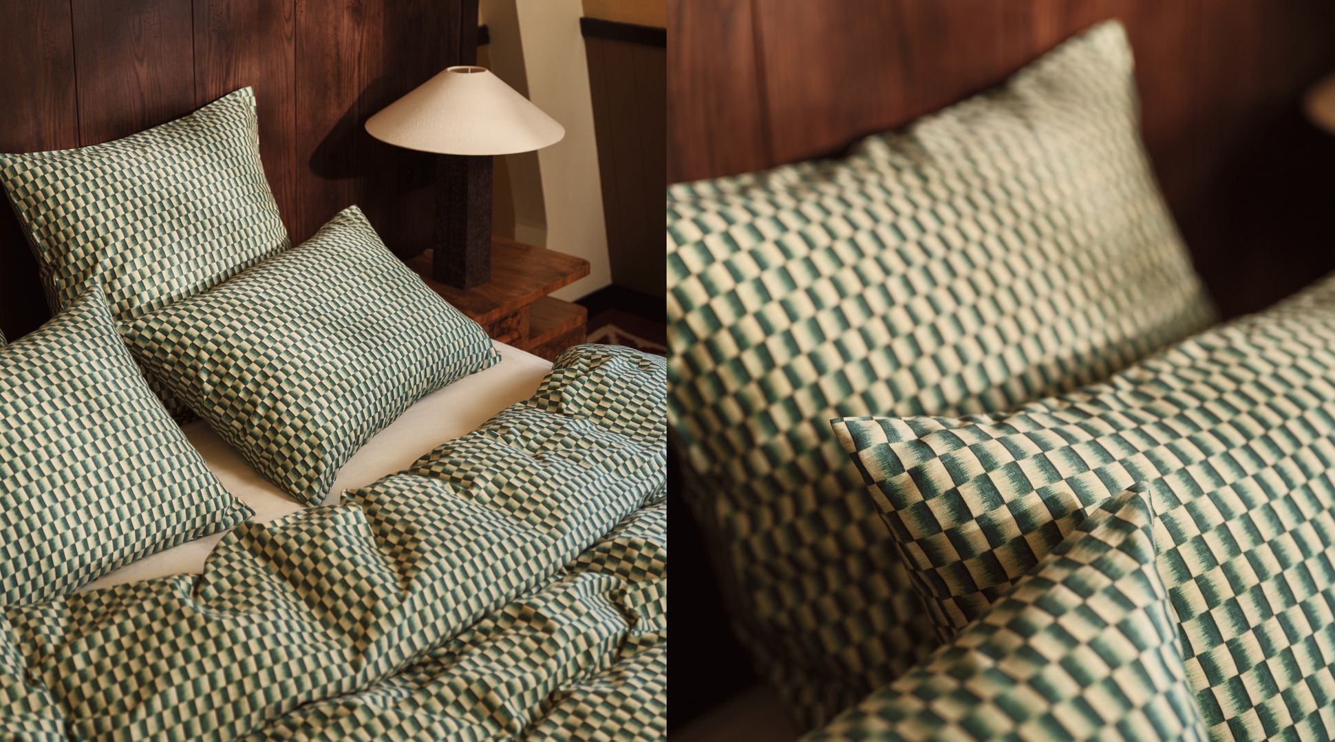 Bedding with a green and beige geometric pattern, featuring pillows and a duvet on a wooden bed, with a nightstand and lamp beside it.