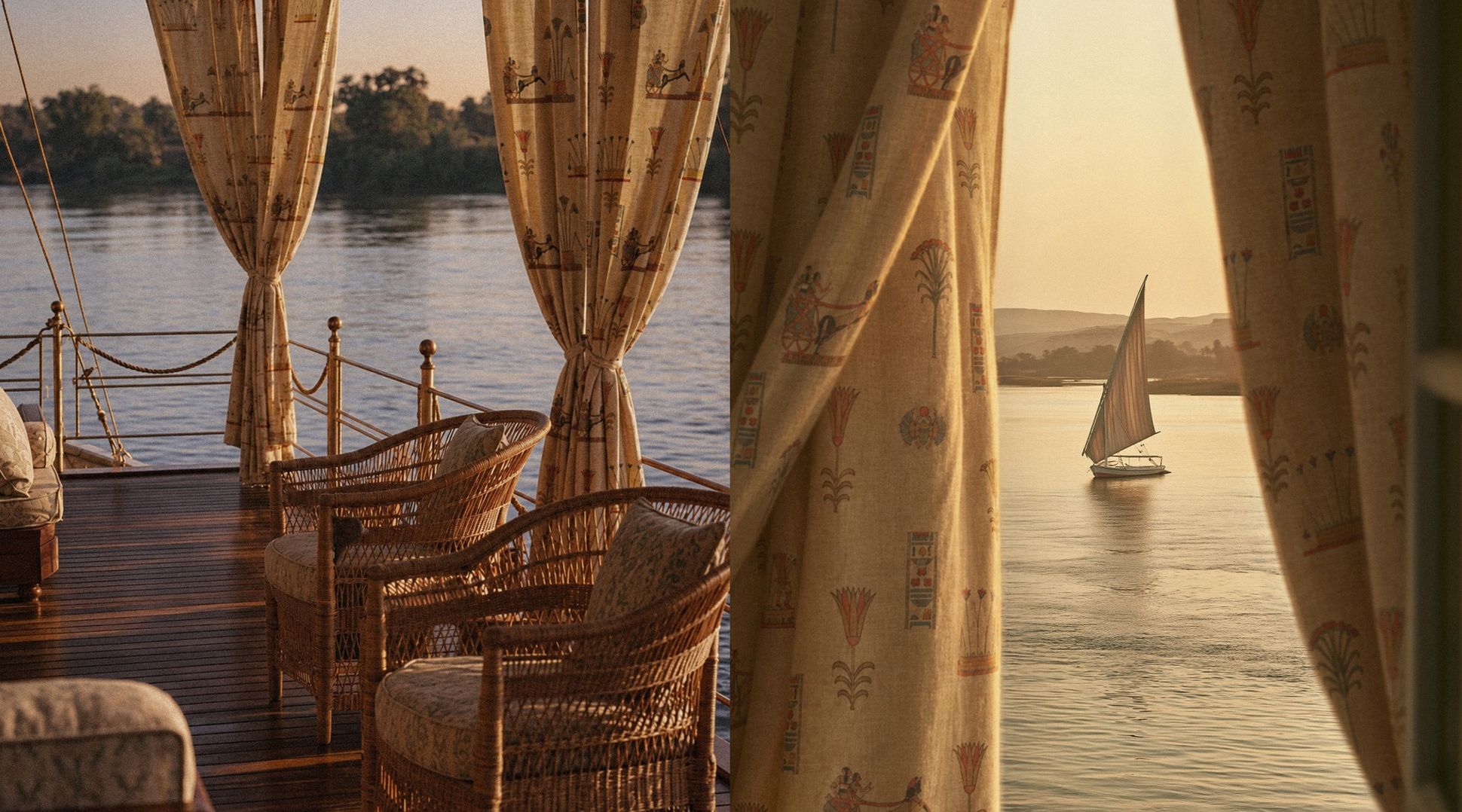 Cozy boat deck with wicker chairs, Egyptian-themed curtains framing a sunset view of a sailboat on the water.