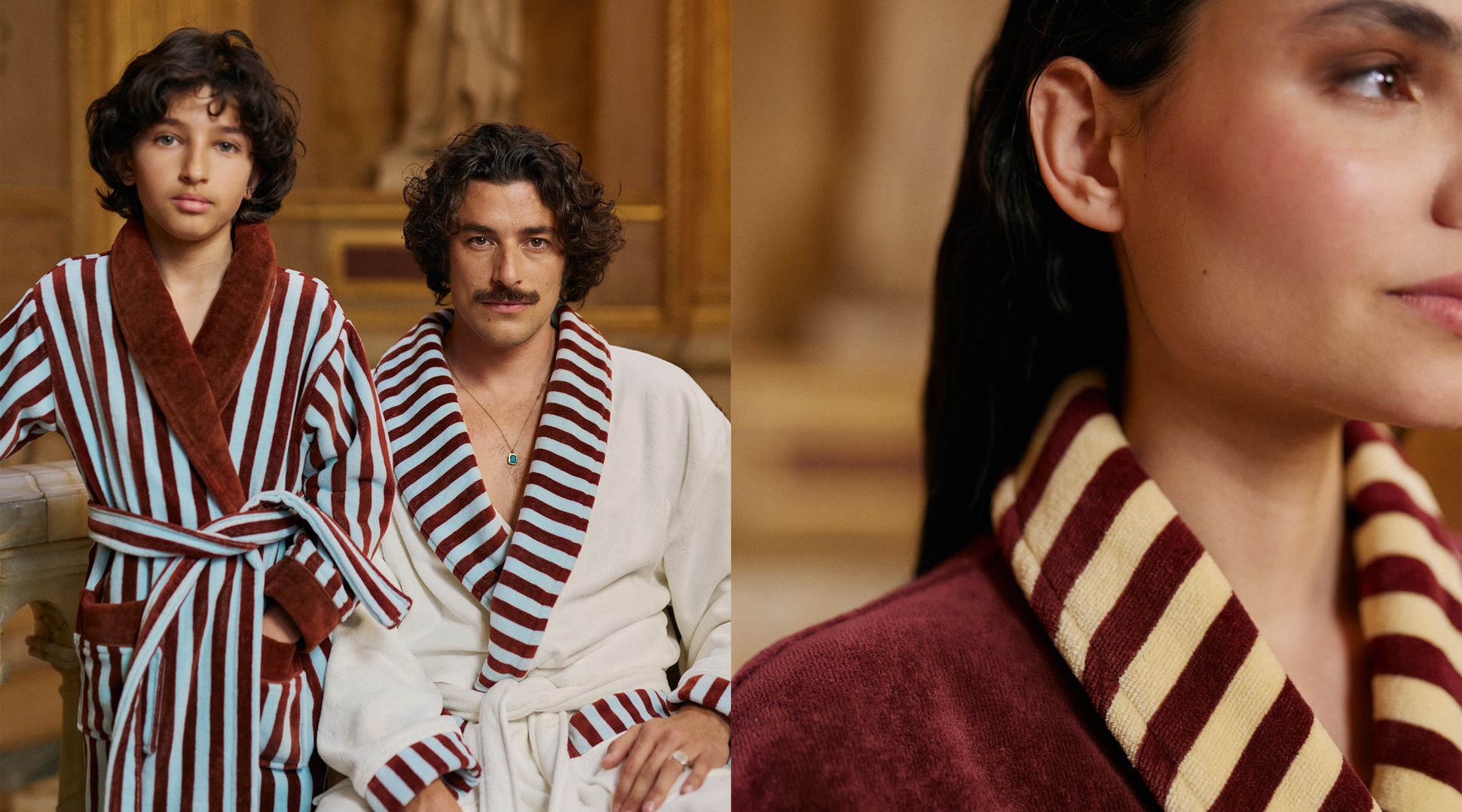 Une personne et un enfant vêtus de peignoirs rayés assortis, ainsi qu'un gros plan sur le visage d'une femme portant un peignoir similaire, dans un intérieur chaleureux.